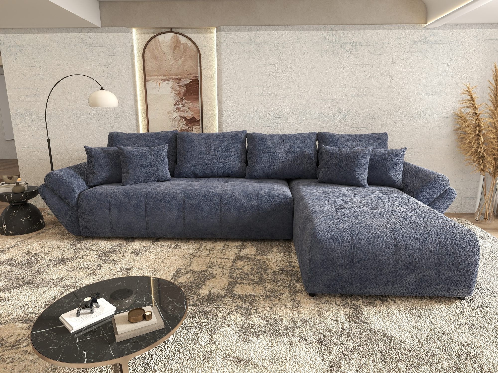 Colțar extensibil dumonde cu ladă de depozitare si sezut confortabil din spuma high-density, Berlin XL Vibe Albastru 79 II 350x185 cm