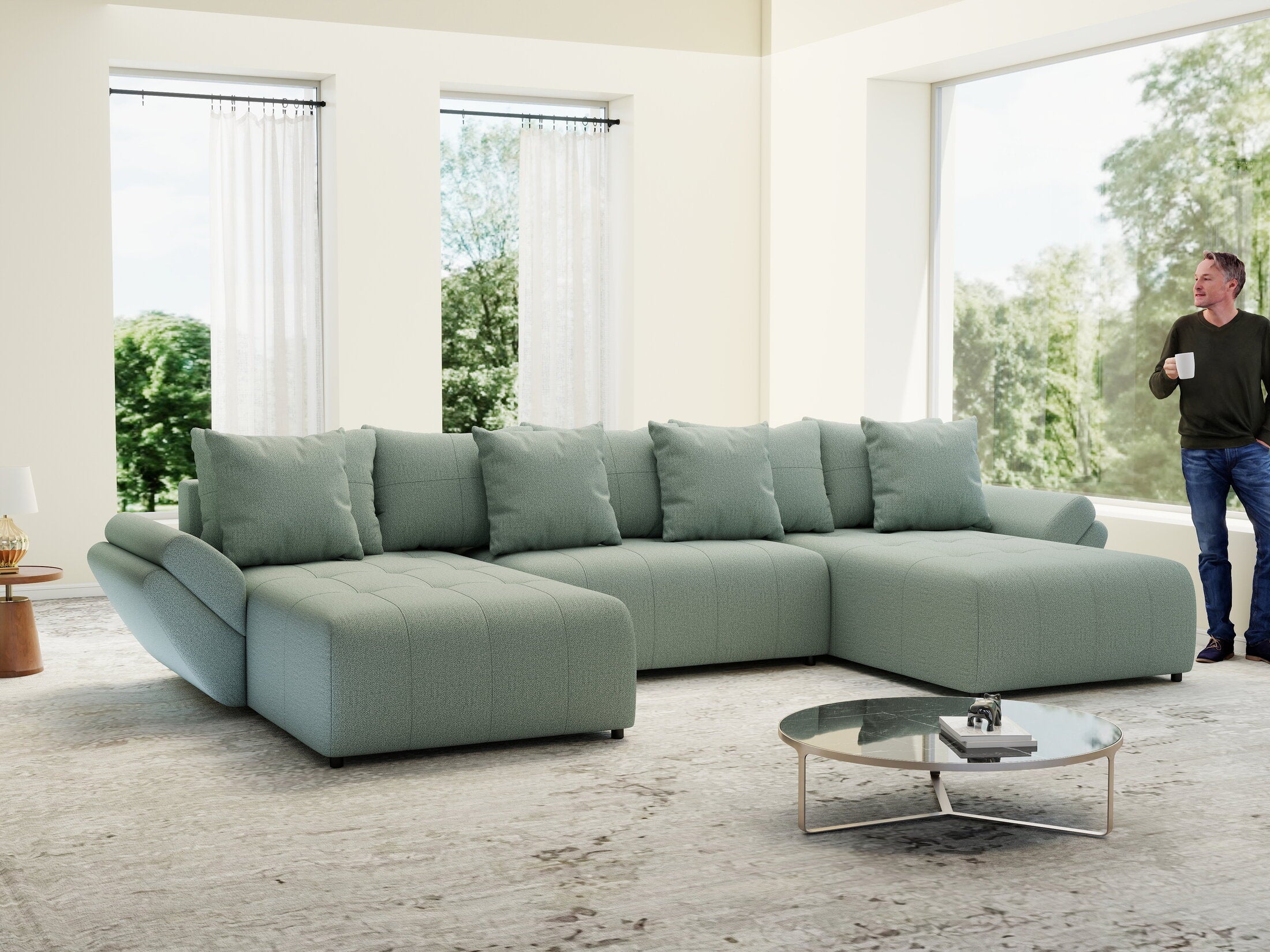 Colțar extensibil dumonde cu ladă de depozitare si sezut confortabil din spuma high-density, Berlin U Enjoy Mint 400x185 cm