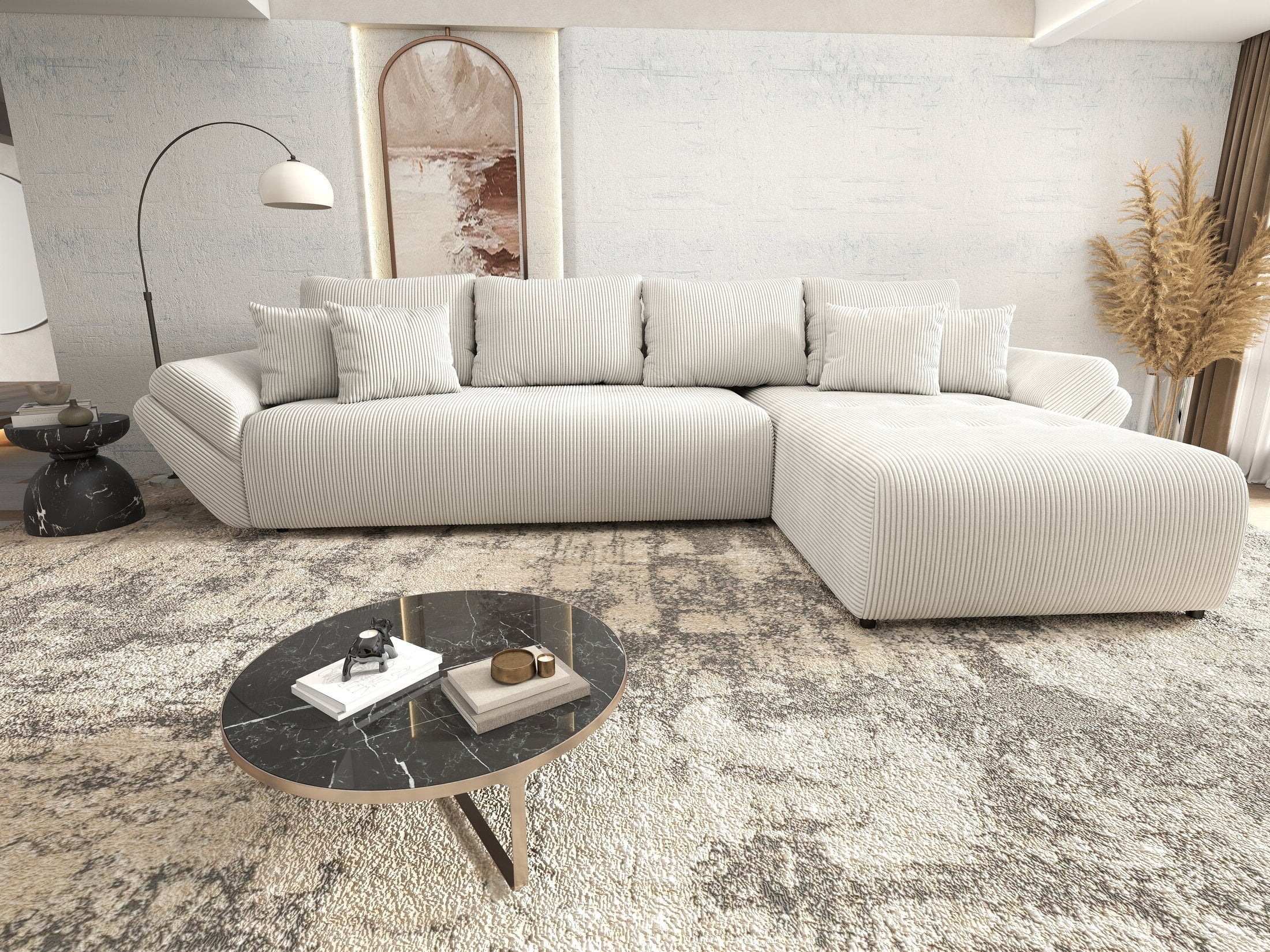 Colțar extensibil dumonde cu ladă de depozitare si sezut confortabil din spuma high-density, Berlin XL Zoom Crem 350x185 cm II
