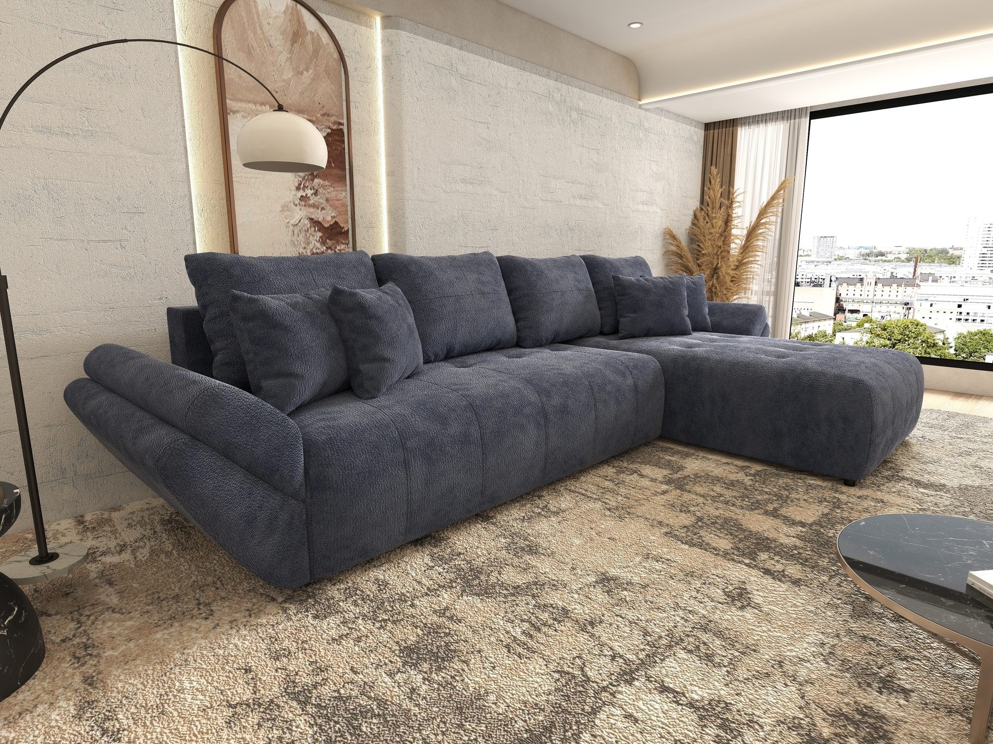 Colțar extensibil dumonde cu ladă de depozitare si sezut confortabil din spuma high-density, Berlin XL Vibe Albastru 79 II 350x185 cm