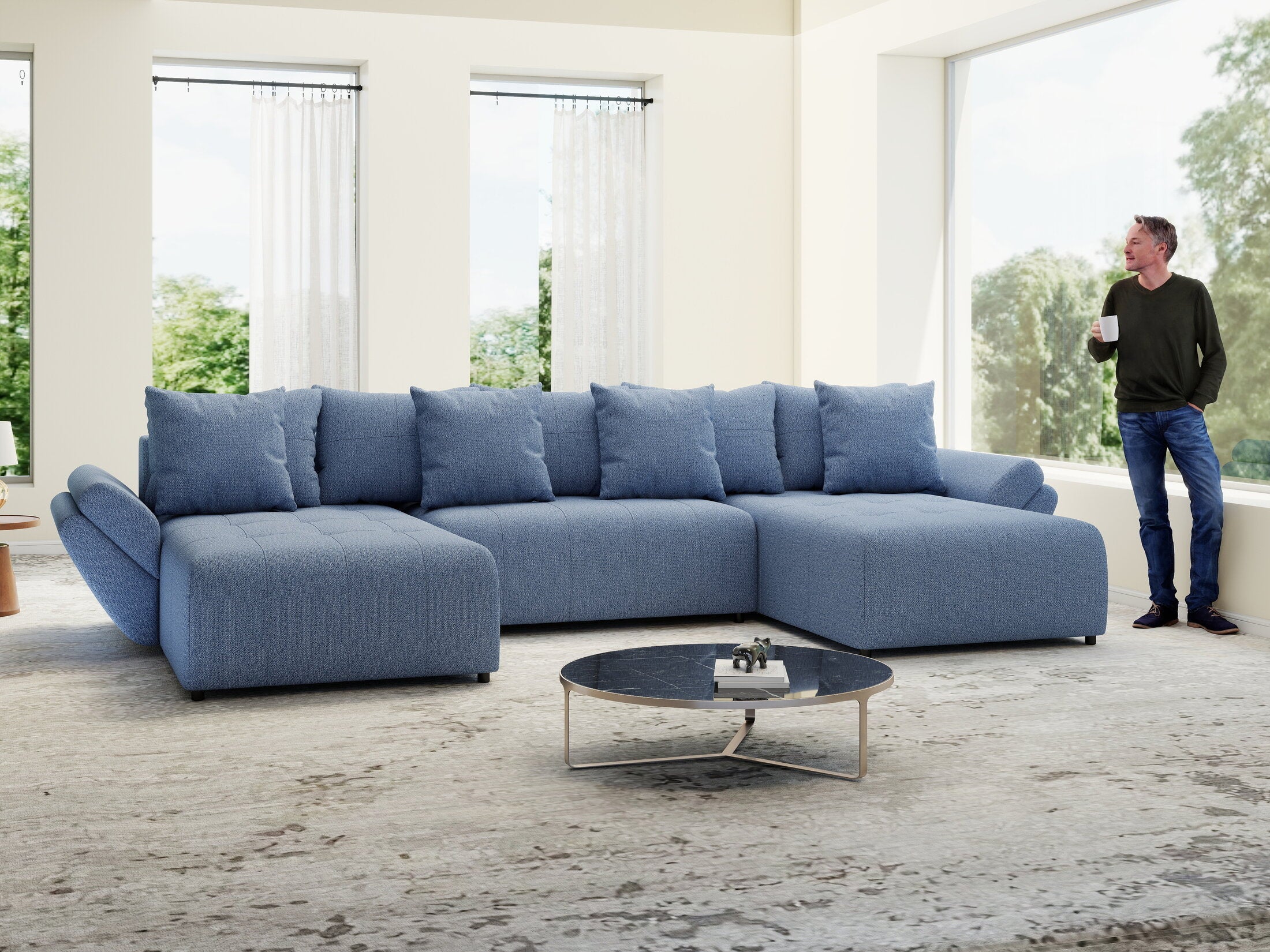 Colțar extensibil dumonde cu ladă de depozitare si sezut confortabil din spuma high-density, Berlin U Enjoy Blue 400x185 cm