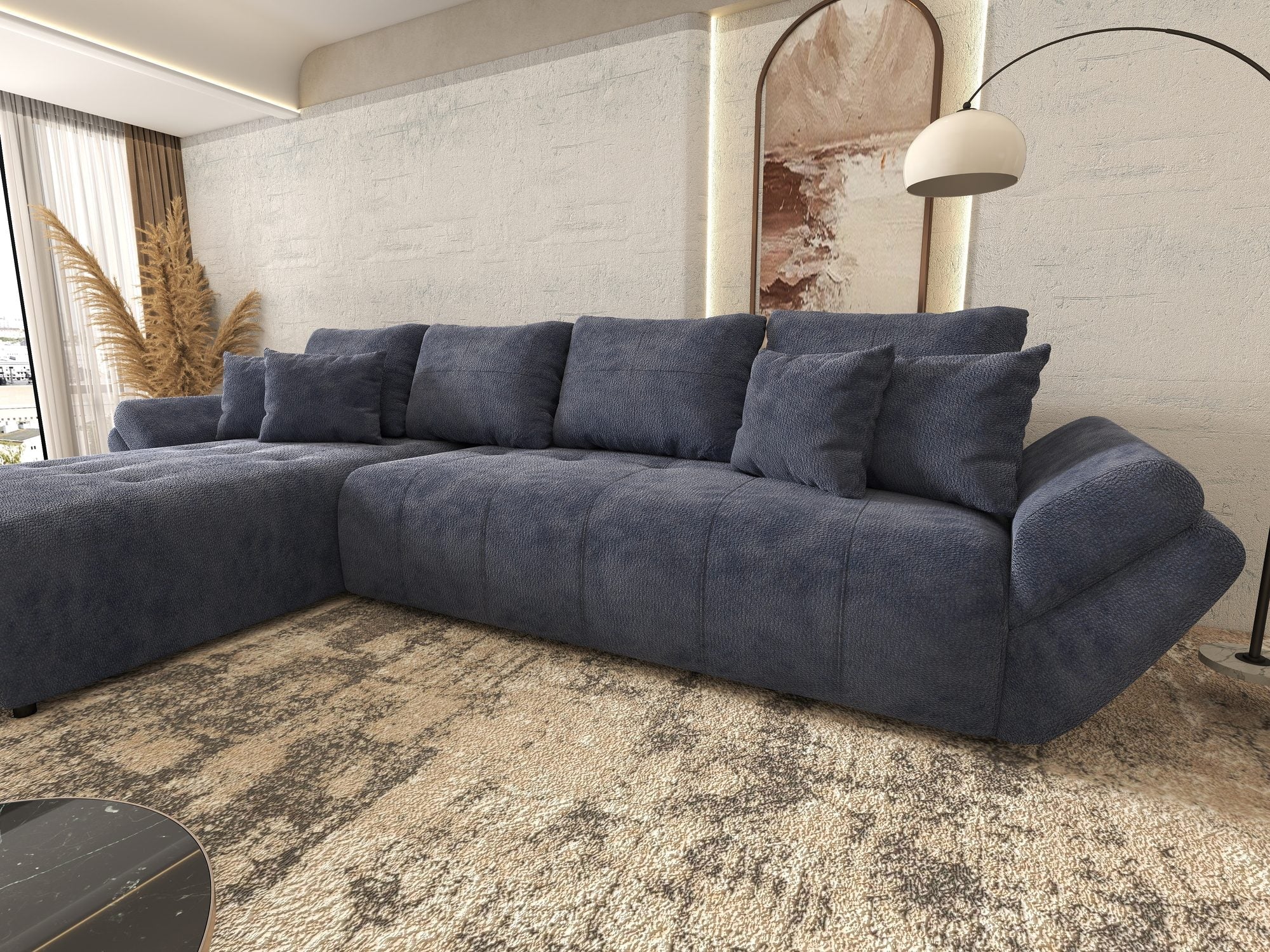 Colțar extensibil dumonde cu ladă de depozitare si sezut confortabil din spuma high-density, Berlin XL Vibe Albastru 79 350x185 cm