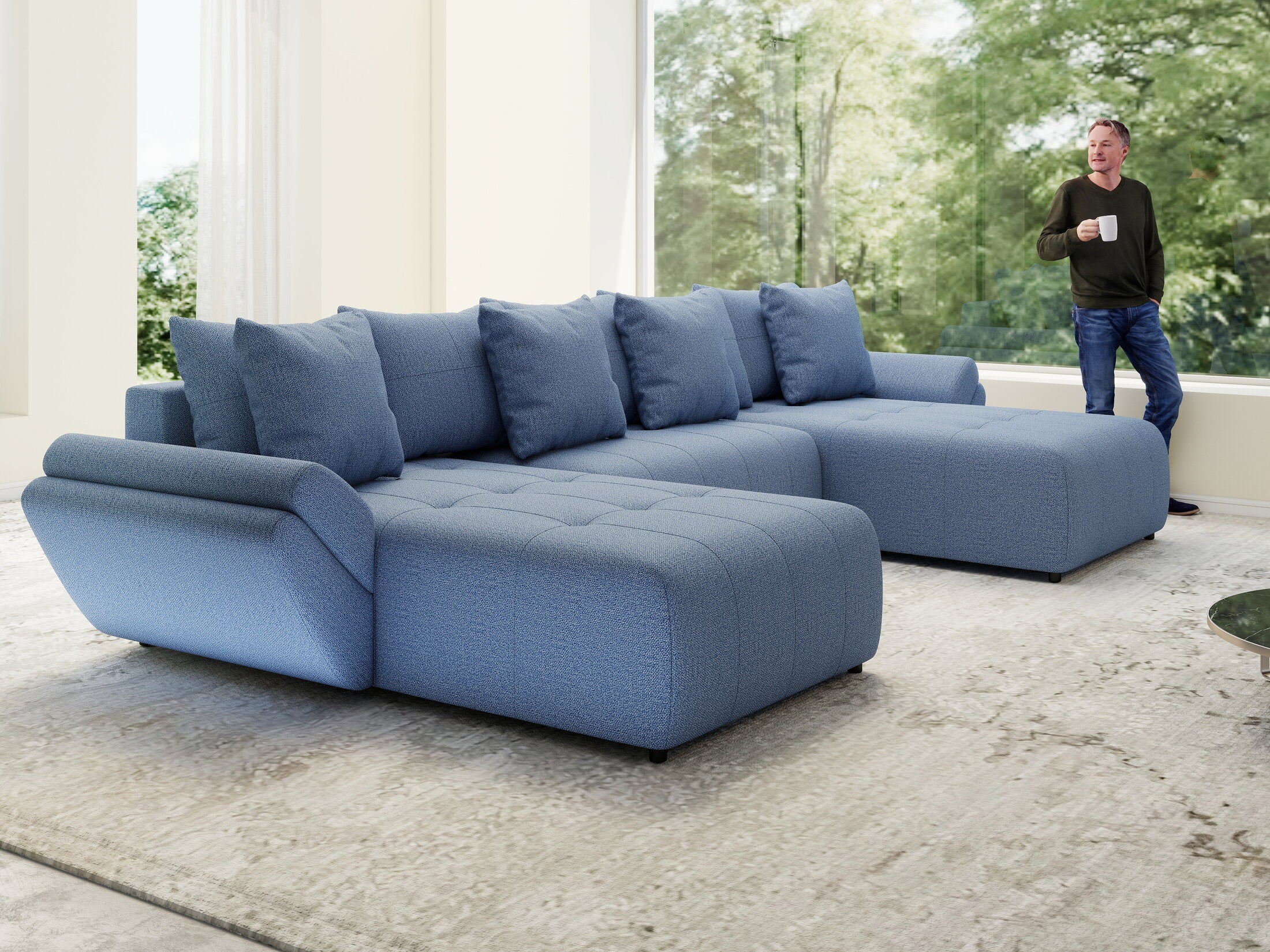 Colțar extensibil dumonde cu ladă de depozitare si sezut confortabil din spuma high-density, Berlin U Enjoy Blue 400x185 cm