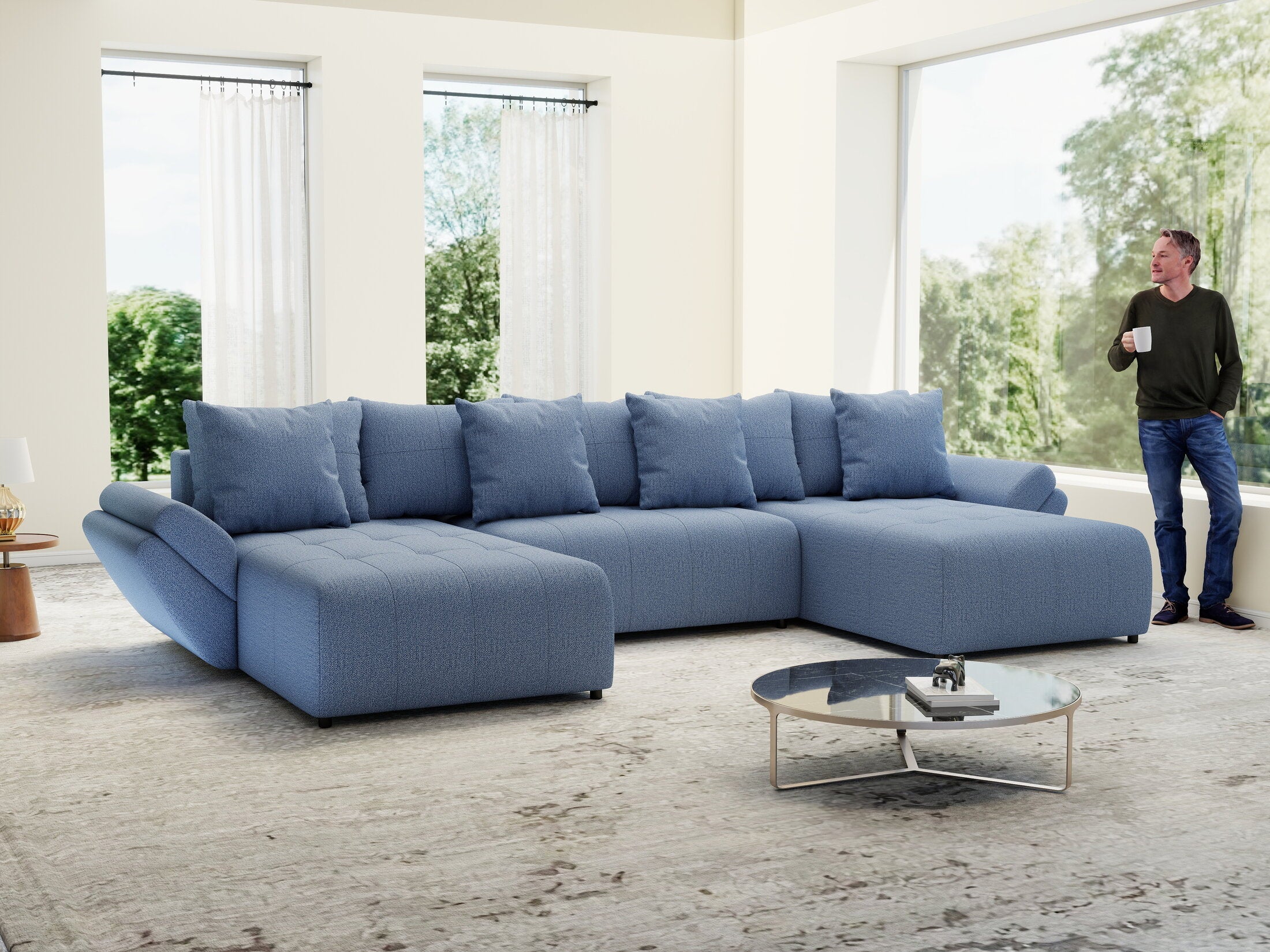 Colțar extensibil dumonde cu ladă de depozitare si sezut confortabil din spuma high-density, Berlin U Enjoy Blue 400x185 cm