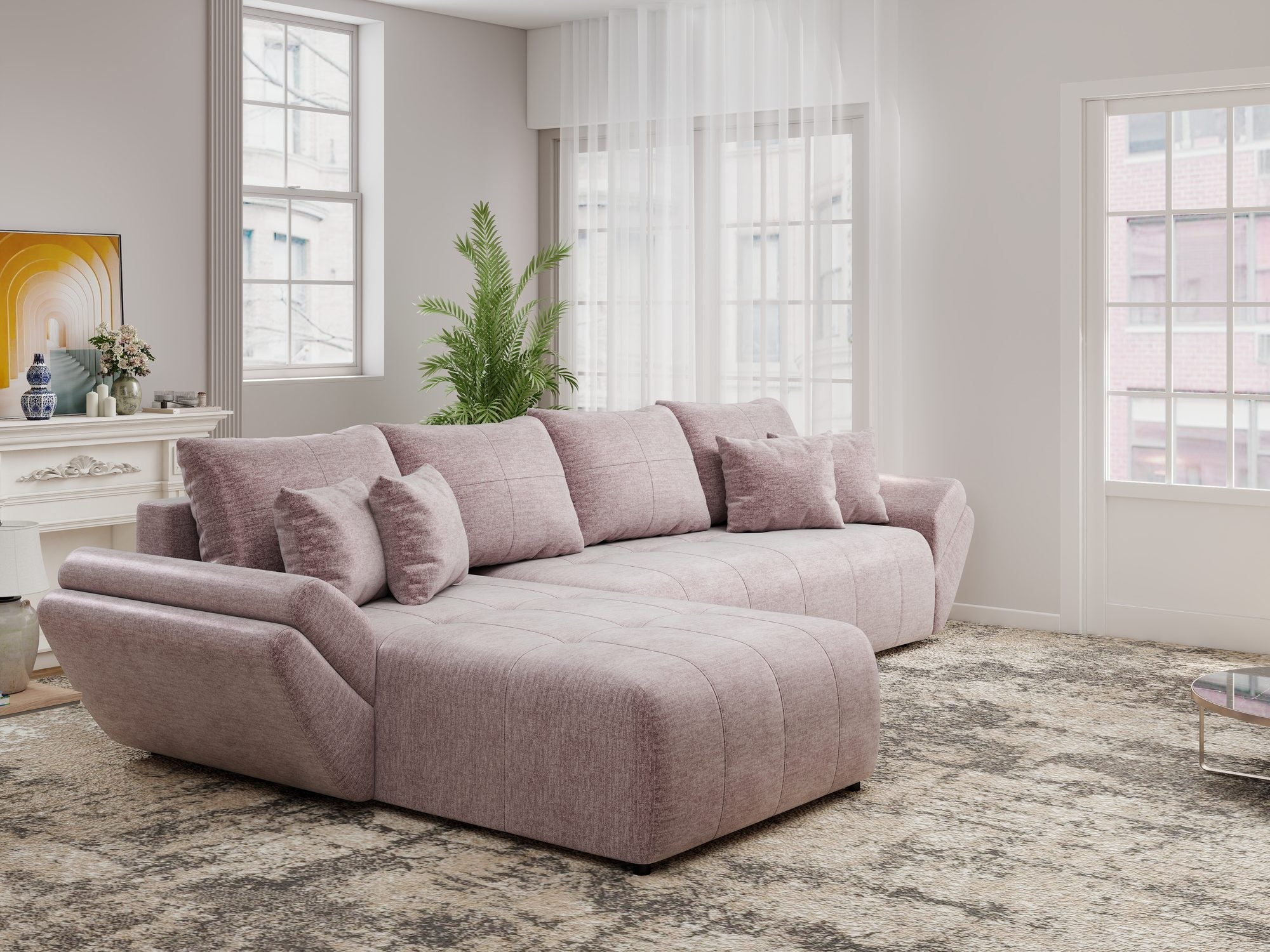 Colțar extensibil dumonde cu ladă de depozitare si sezut confortabil din spuma high-density, Berlin XL Monolith Roz Pudrat 62 350x185 cm