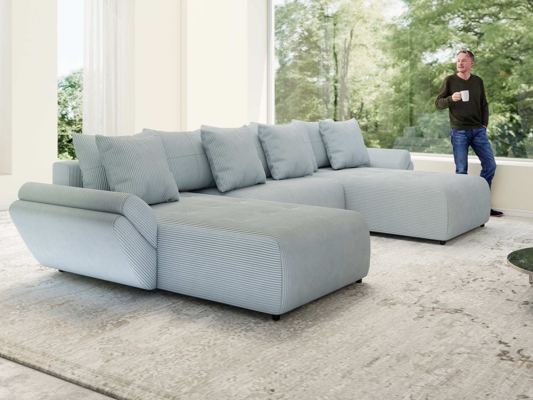 Colțar extensibil dumonde cu ladă de depozitare si sezut confortabil din spuma high-density, Berlin U Zoom GREY 400x185 cm