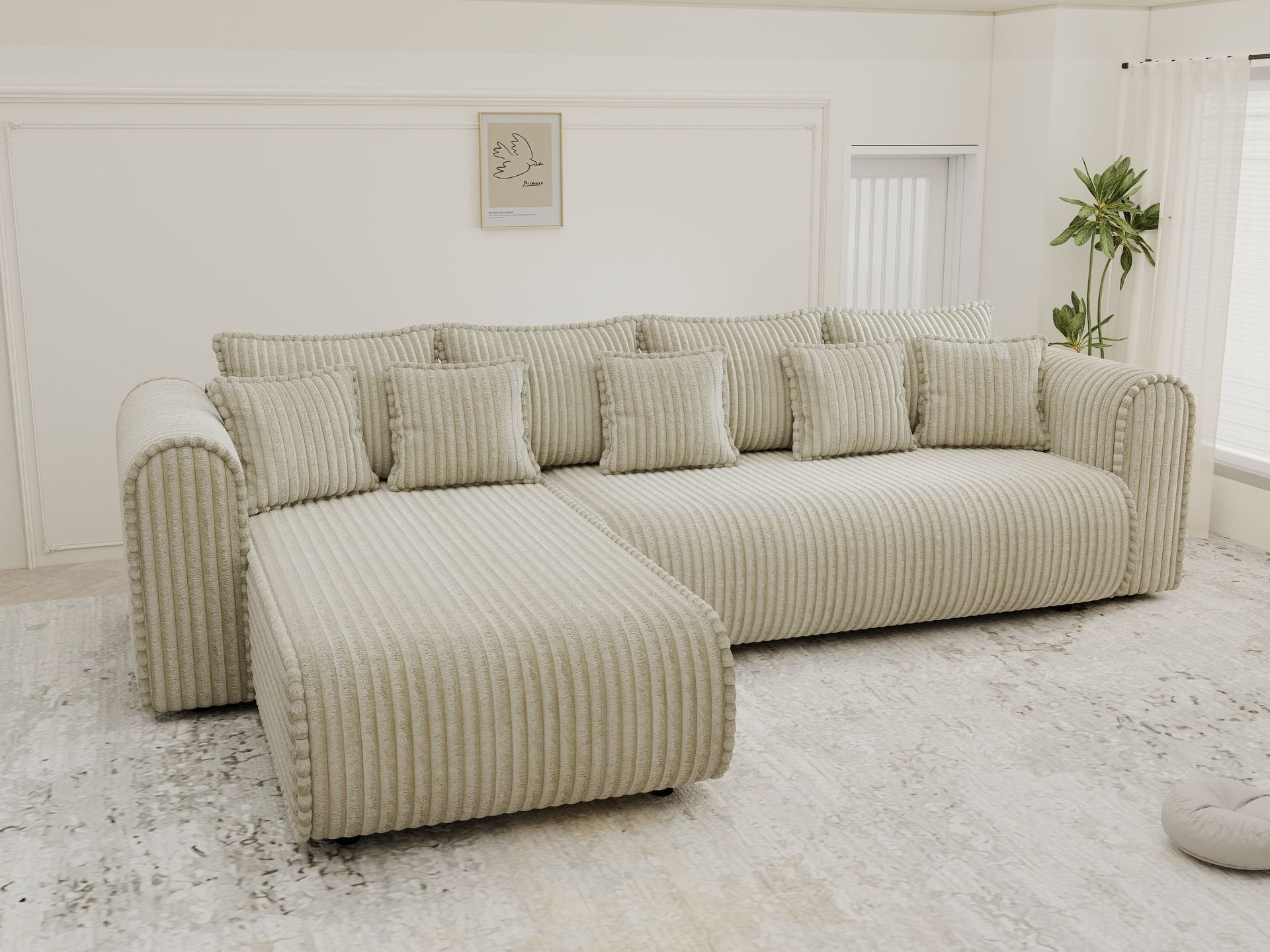 Colțar extensibil dumonde cu ladă de depozitare si sezut confortabil din spuma high-density, Monaco XL Tilia Bej 340x185 cm