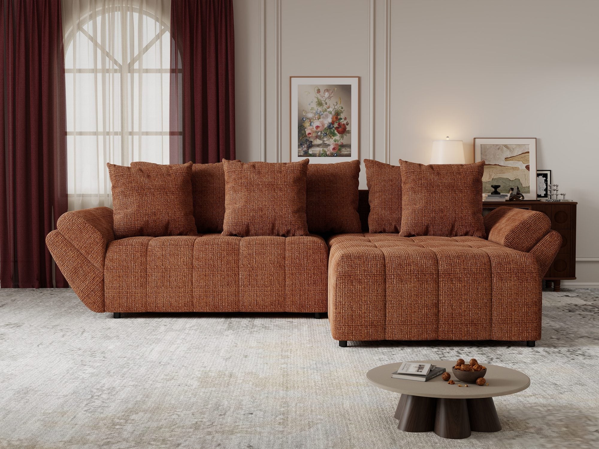 Colțar extensibil dumonde cu ladă de depozitare si sezut confortabil din spuma high-density, Berlin Cremona Teracota 52 II 280x185 cm