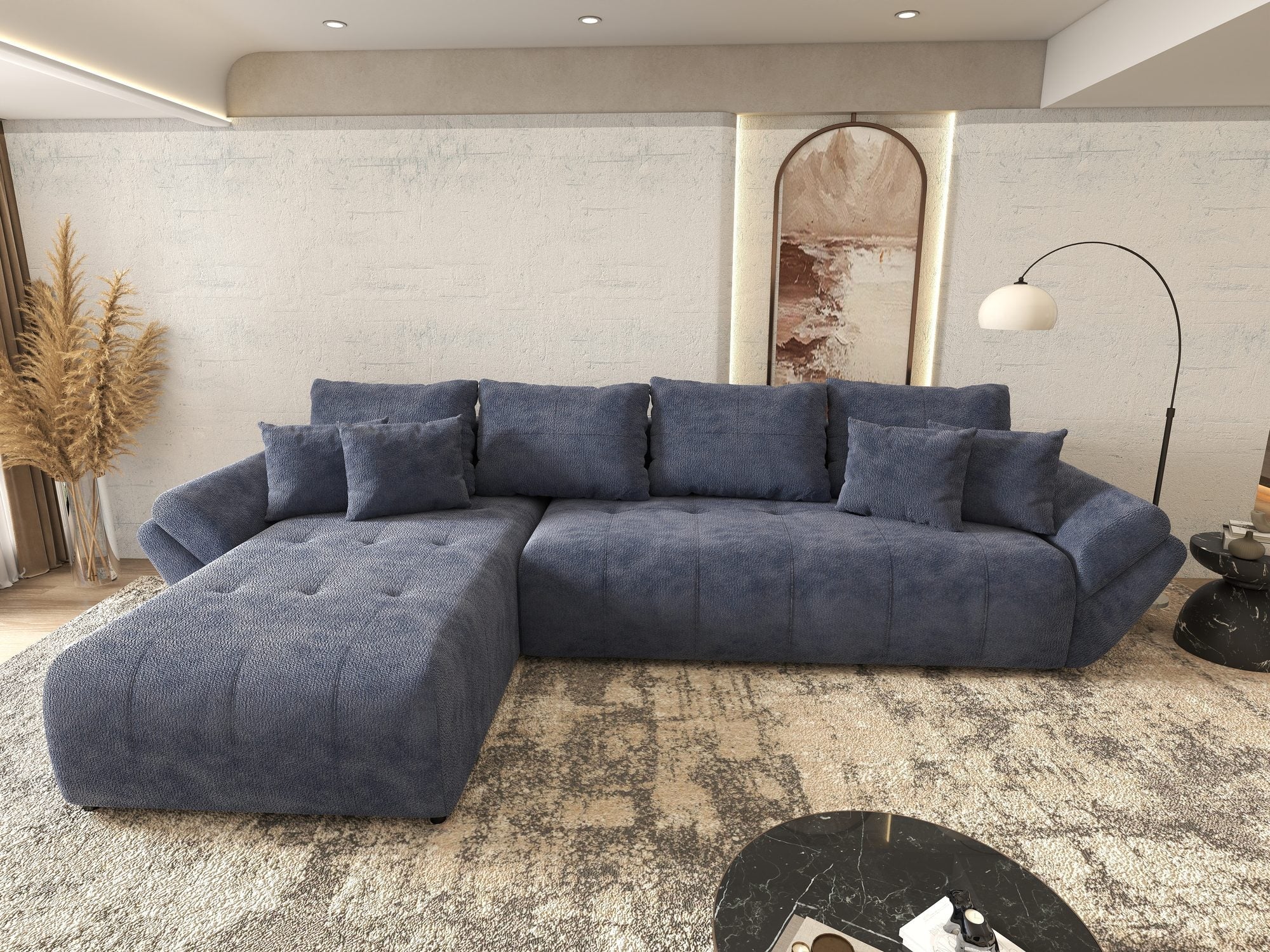 Colțar extensibil dumonde cu ladă de depozitare si sezut confortabil din spuma high-density, Berlin XL Vibe Albastru 79 350x185 cm