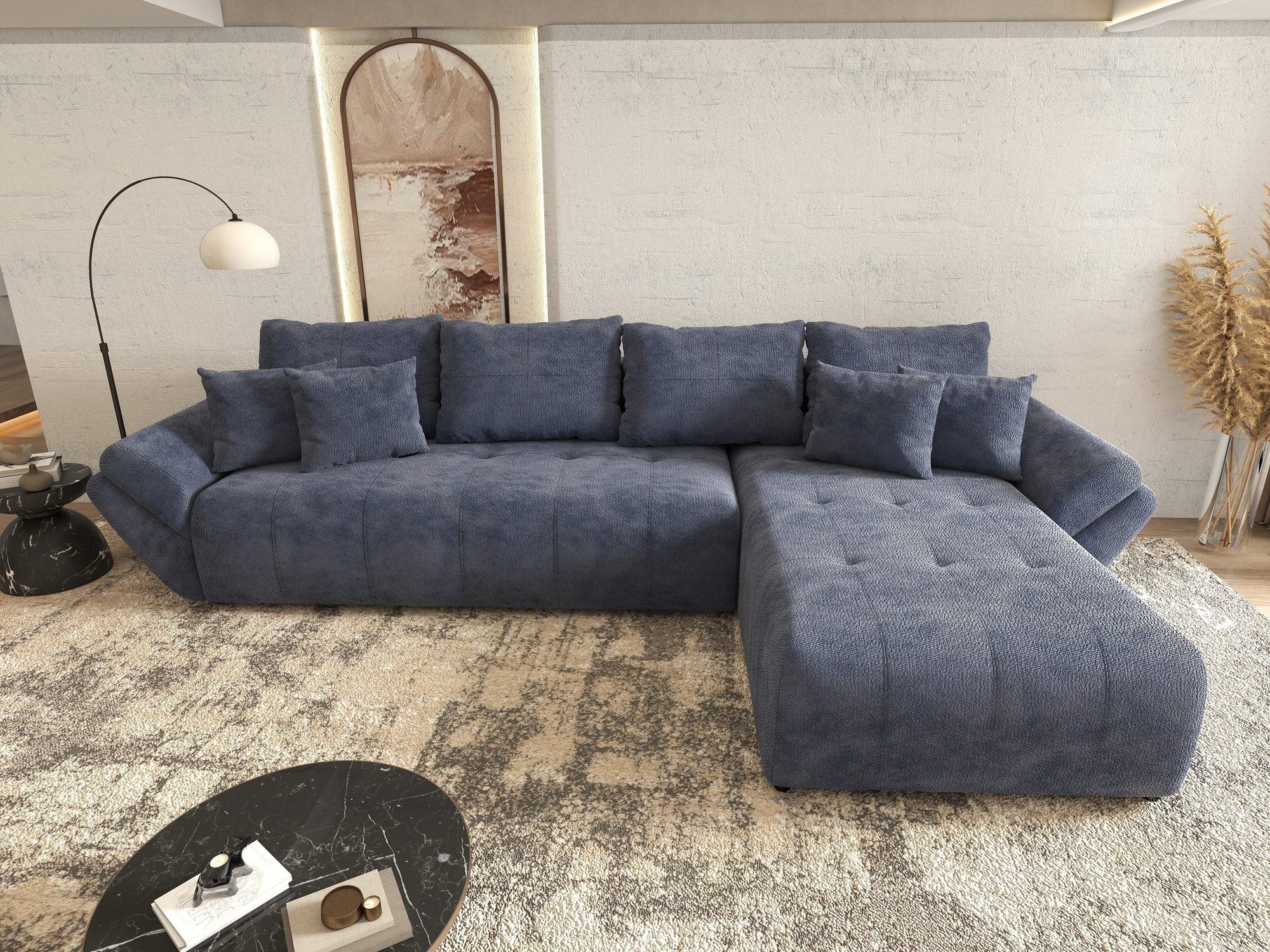Colțar extensibil dumonde cu ladă de depozitare si sezut confortabil din spuma high-density, Berlin XL Vibe Albastru 79 II 350x185 cm
