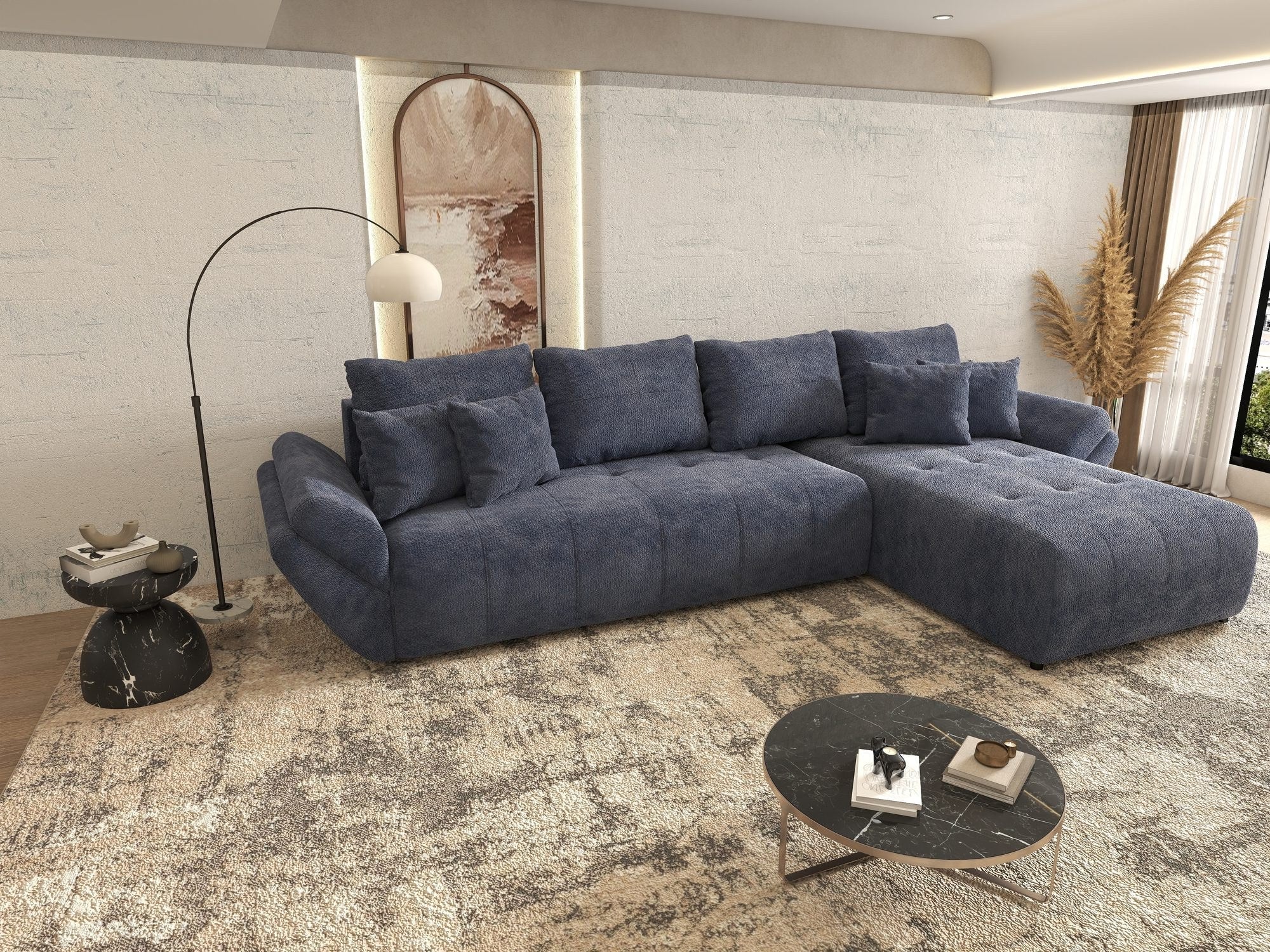 Colțar extensibil dumonde cu ladă de depozitare si sezut confortabil din spuma high-density, Berlin XL Vibe Albastru 79 II 350x185 cm