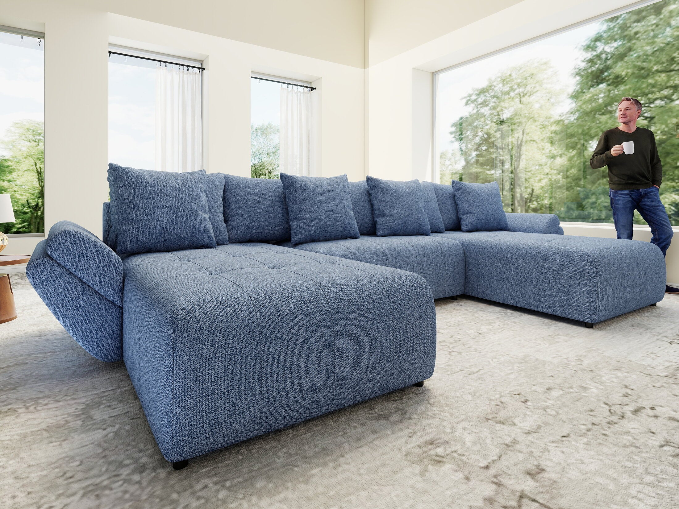 Colțar extensibil dumonde cu ladă de depozitare si sezut confortabil din spuma high-density, Berlin U Enjoy Blue 400x185 cm