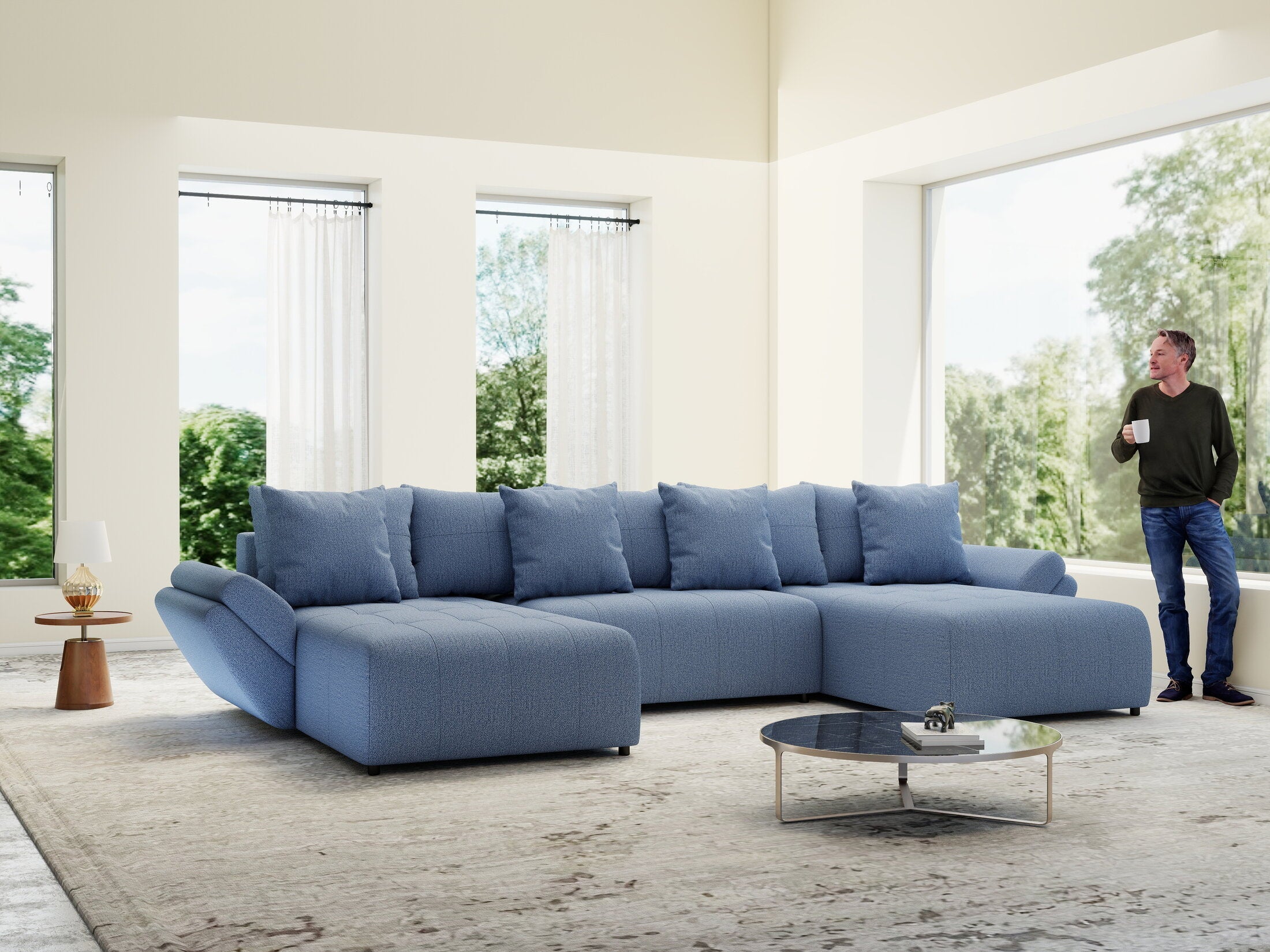 Colțar extensibil dumonde cu ladă de depozitare si sezut confortabil din spuma high-density, Berlin U Enjoy Blue 400x185 cm
