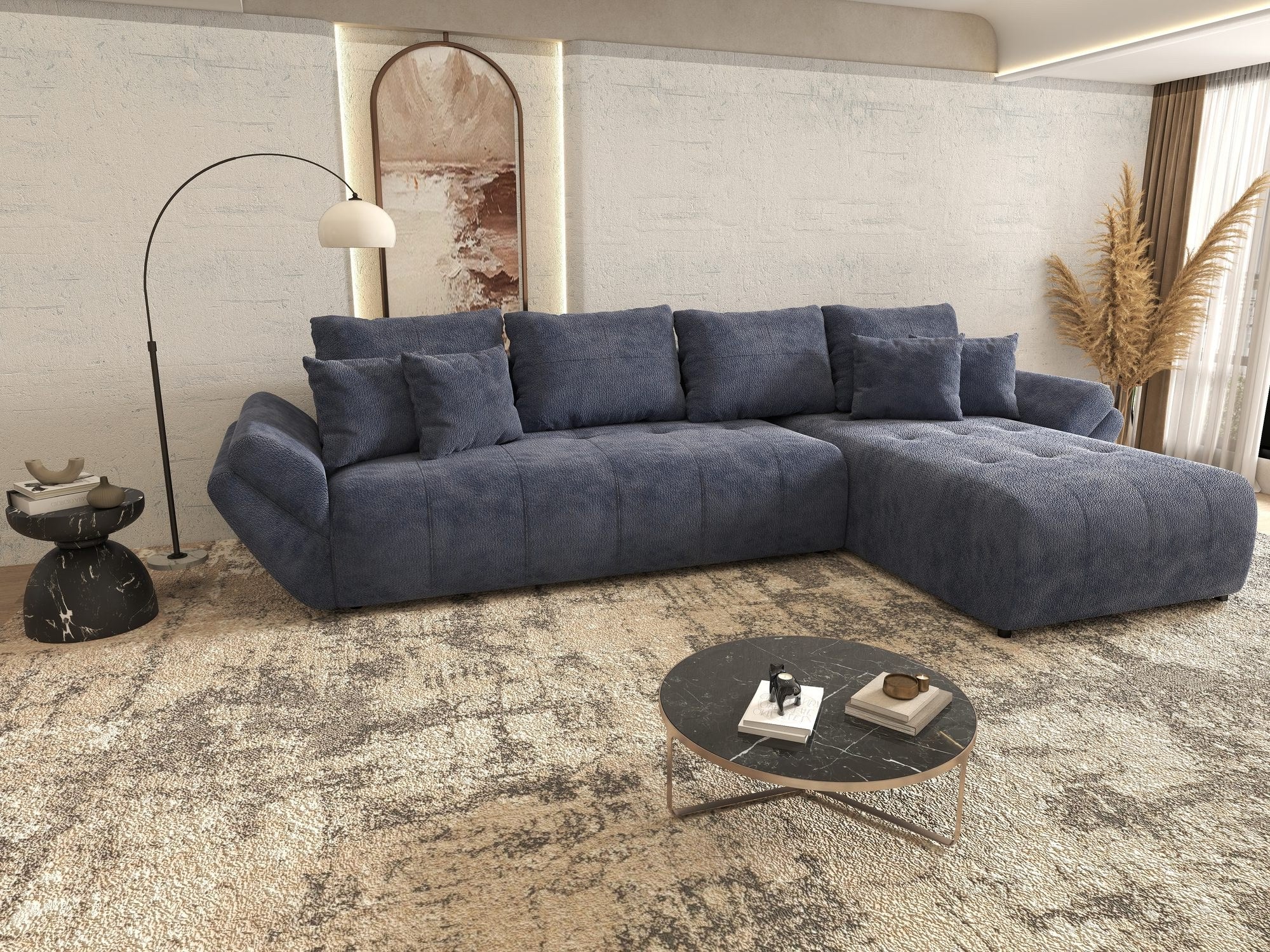 Colțar extensibil dumonde cu ladă de depozitare si sezut confortabil din spuma high-density, Berlin XL Vibe Albastru 79 II 350x185 cm