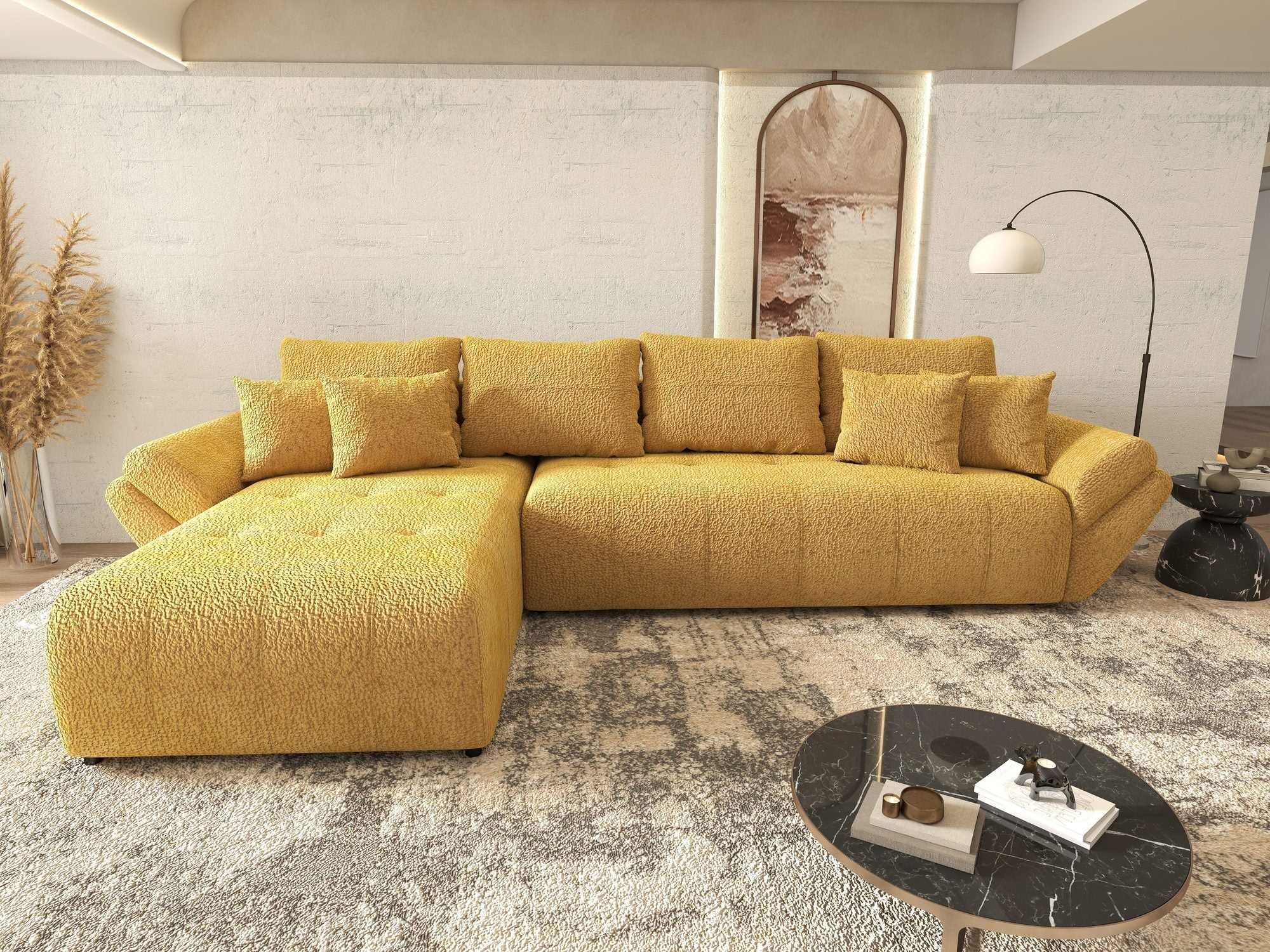 Colțar extensibil dumonde cu ladă de depozitare si sezut confortabil din spuma high-density, Berlin XL Jaguar Galben Mustar 11 350x185 cm