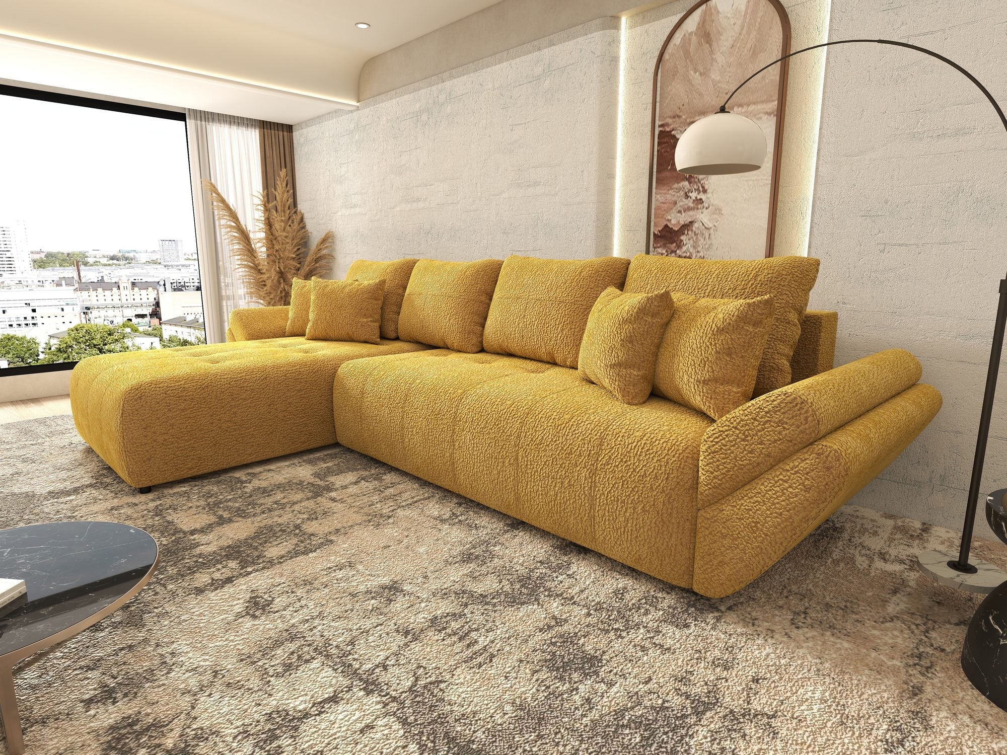 Colțar extensibil dumonde cu ladă de depozitare si sezut confortabil din spuma high-density, Berlin XL Jaguar Galben Mustar 11 350x185 cm