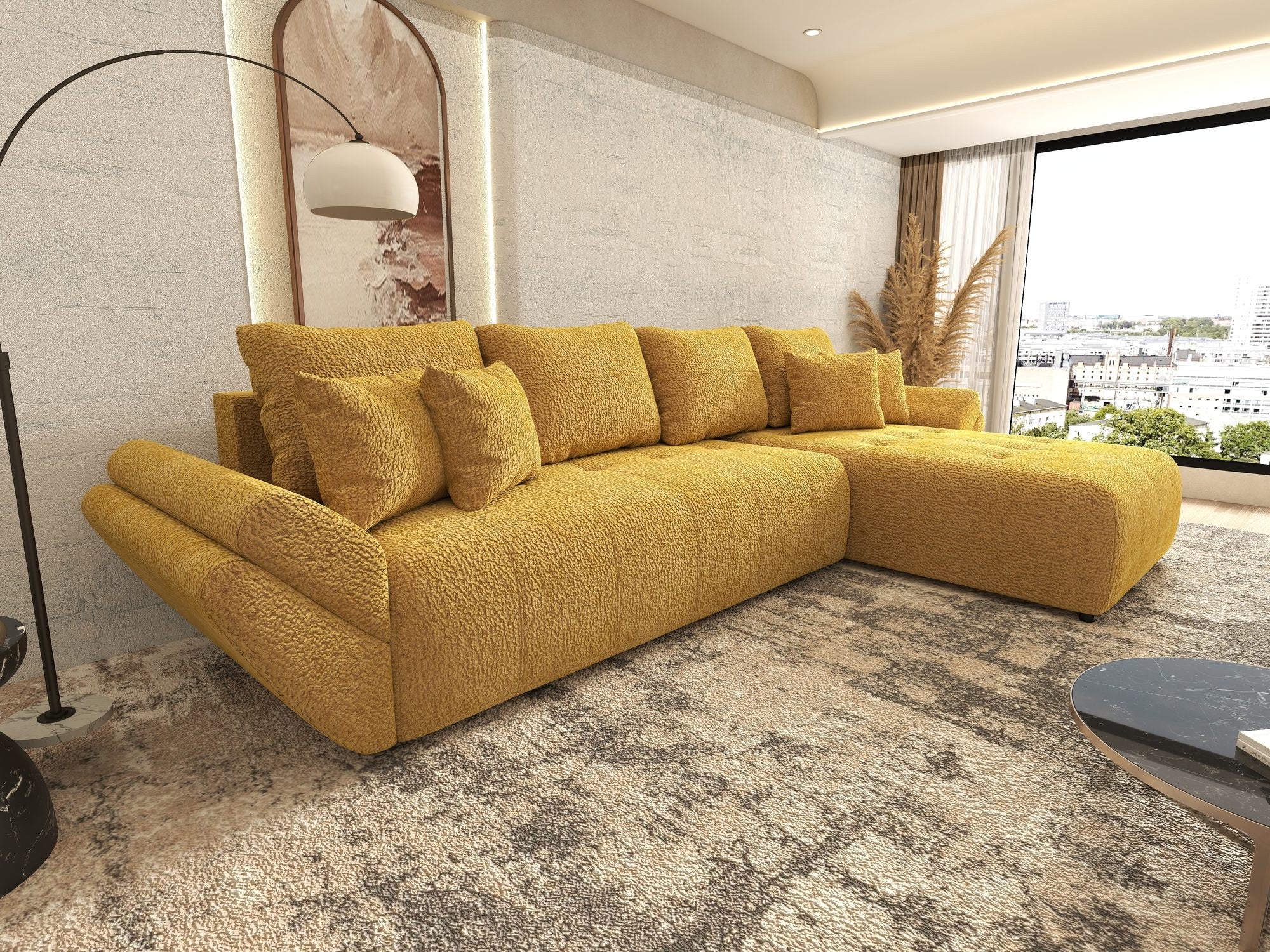 Colțar extensibil dumonde cu ladă de depozitare si sezut confortabil din spuma high-density, Berlin XL Jaguar Galben Mustar 11 II 350x185 cm