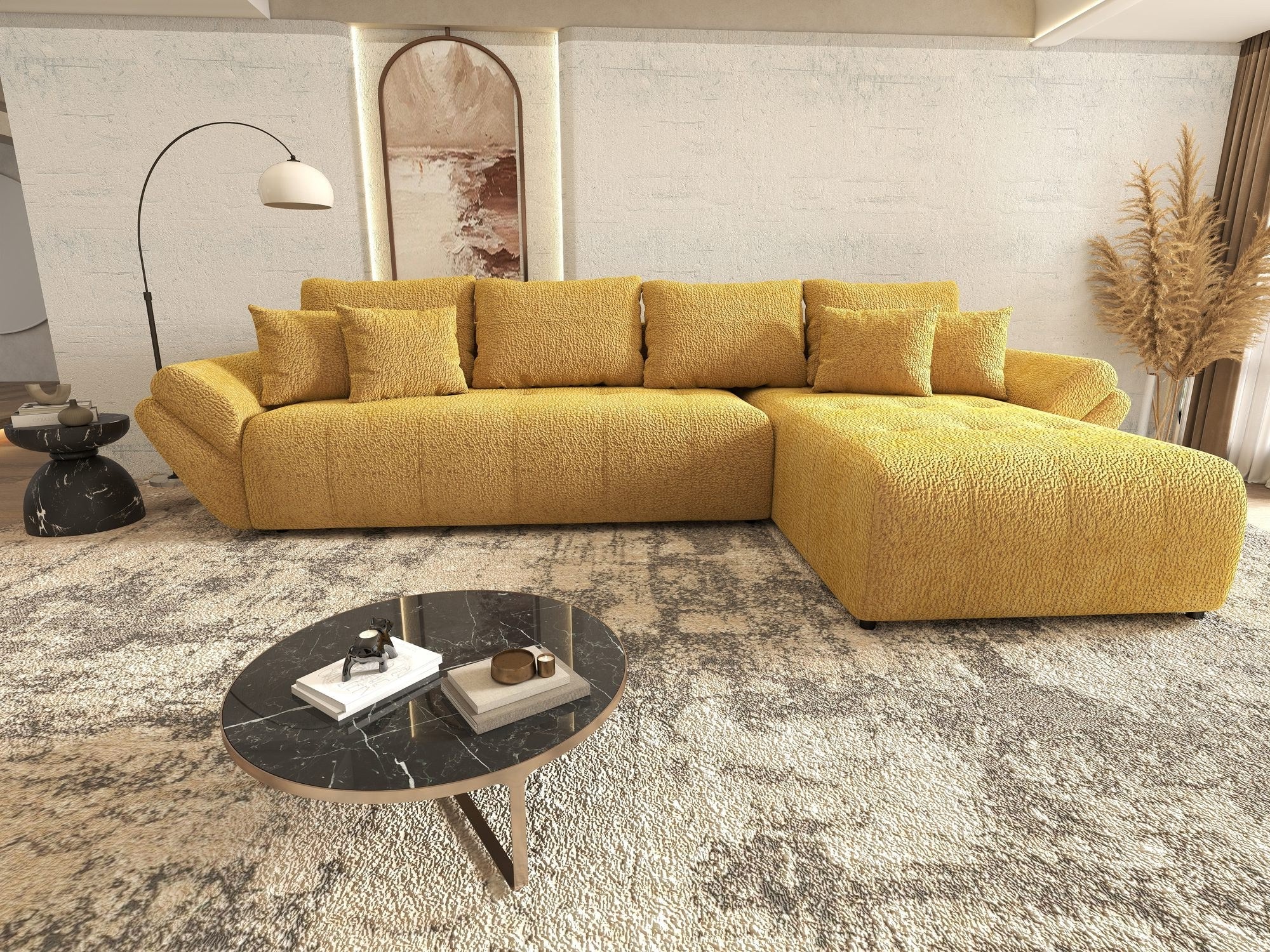 Colțar extensibil dumonde cu ladă de depozitare si sezut confortabil din spuma high-density, Berlin XL Jaguar Galben Mustar 11 II 350x185 cm