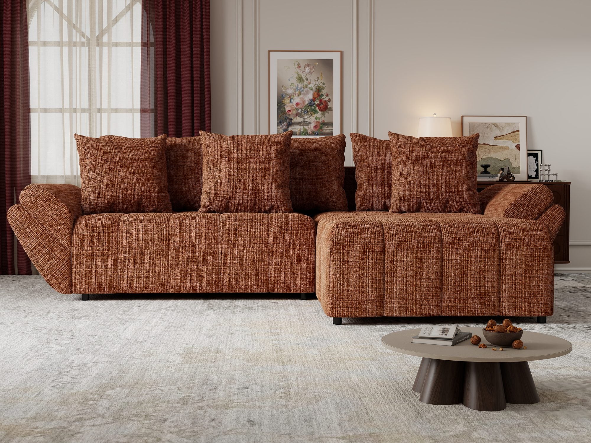 Colțar extensibil dumonde cu ladă de depozitare si sezut confortabil din spuma high-density, Berlin Cremona Teracota 52 II 280x185 cm