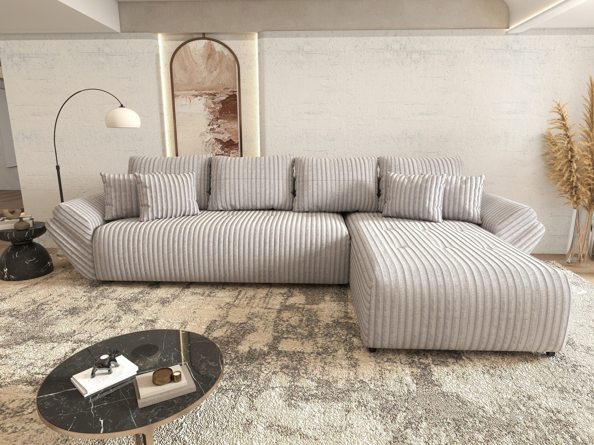 Colțar extensibil dumonde cu ladă de depozitare si sezut confortabil din spuma high-density, Berlin XL Tilia Gri 86 II 350x185 cm