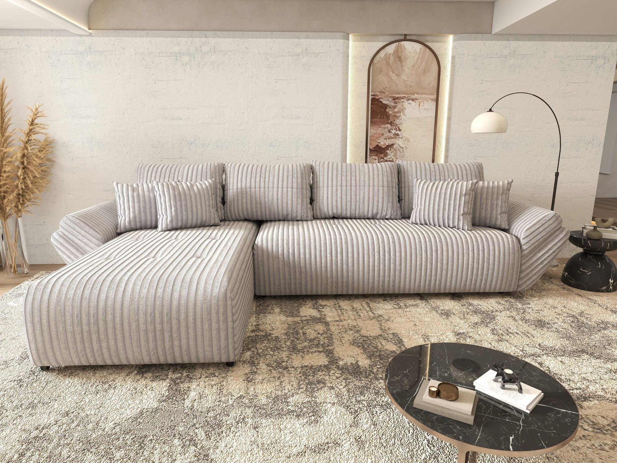 Colțar extensibil dumonde cu ladă de depozitare si sezut confortabil din spuma high-density, Berlin XL Tilia Gri 86 350x185 cm