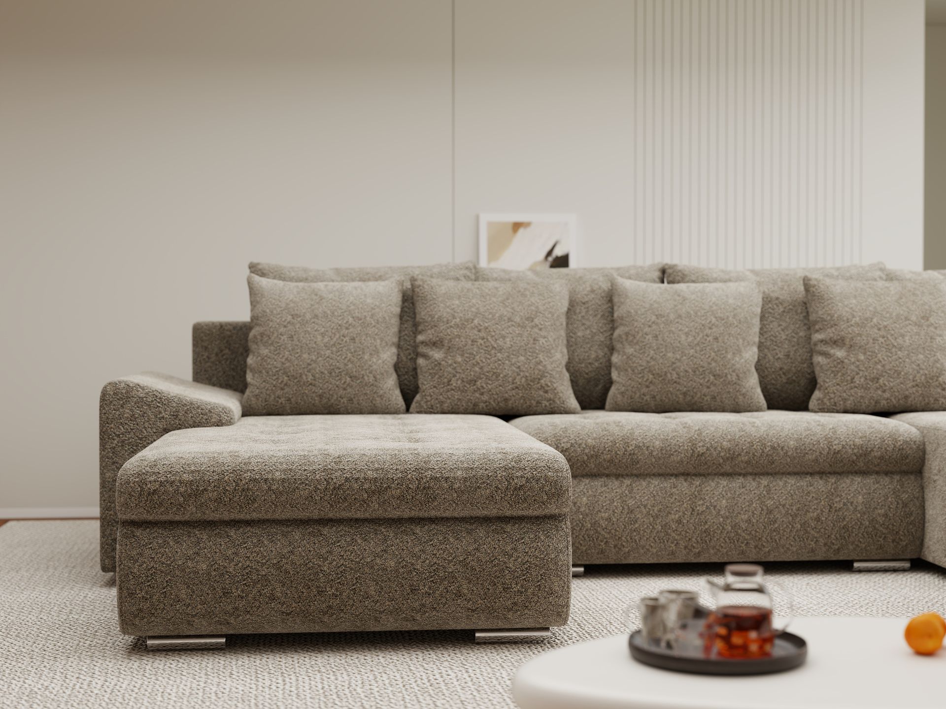 Colțar extensibil dumonde cu ladă de depozitare si sezut confortabil din spuma high-density, Leonardo U Arena Bej 04 360x185 cm