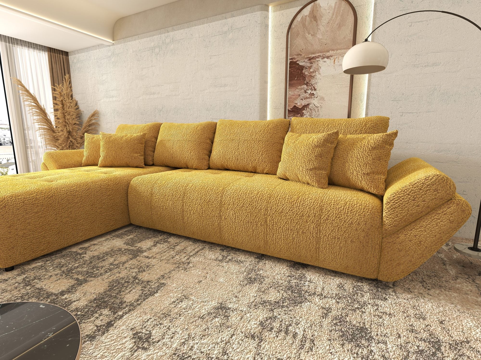 Colțar extensibil dumonde cu ladă de depozitare si sezut confortabil din spuma high-density, Berlin XL Jaguar Galben Mustar 11 350x185 cm