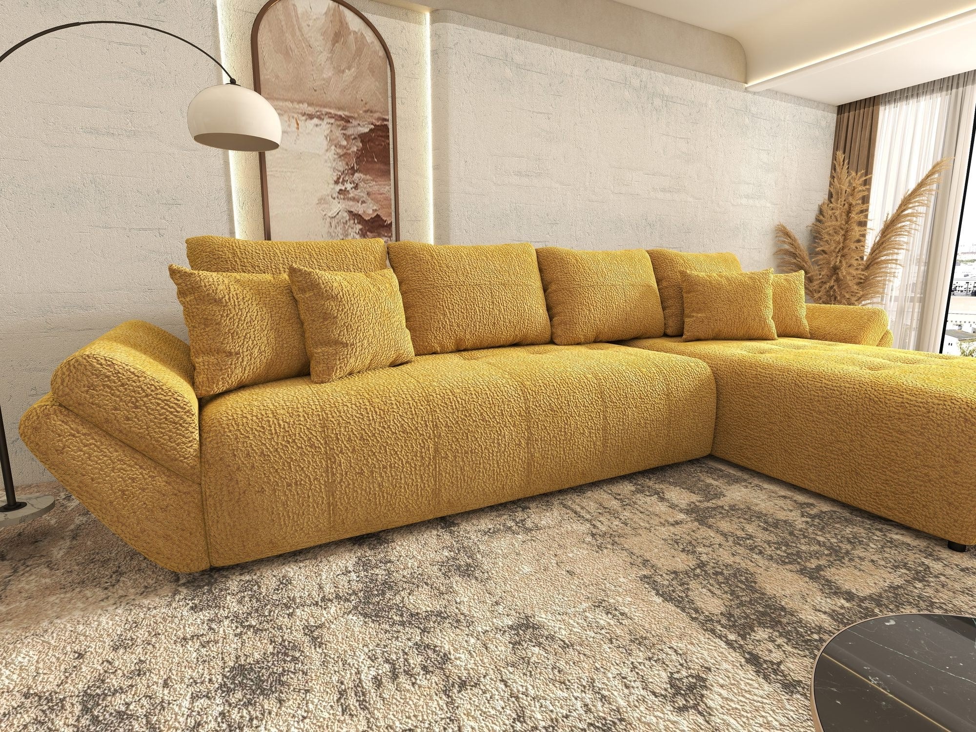 Colțar extensibil dumonde cu ladă de depozitare si sezut confortabil din spuma high-density, Berlin XL Jaguar Galben Mustar 11 II 350x185 cm