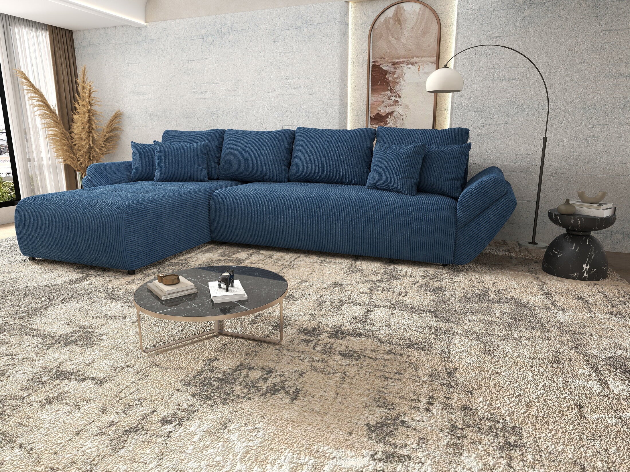 Colțar extensibil dumonde cu ladă de depozitare si sezut confortabil din spuma high-density, Berlin XL Zoom Blue 350x185 cm