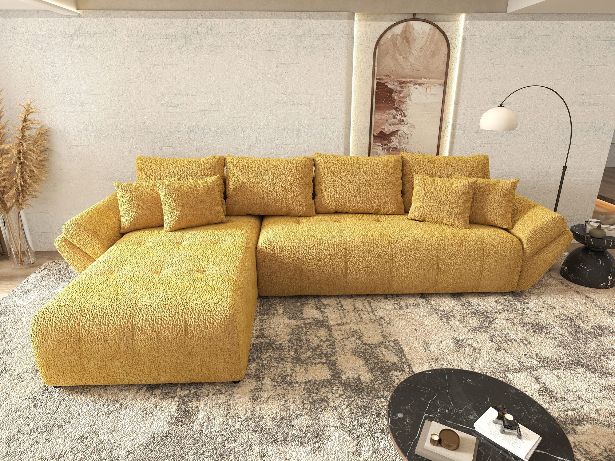 Colțar extensibil dumonde cu ladă de depozitare si sezut confortabil din spuma high-density, Berlin XL Jaguar Galben Mustar 11 350x185 cm