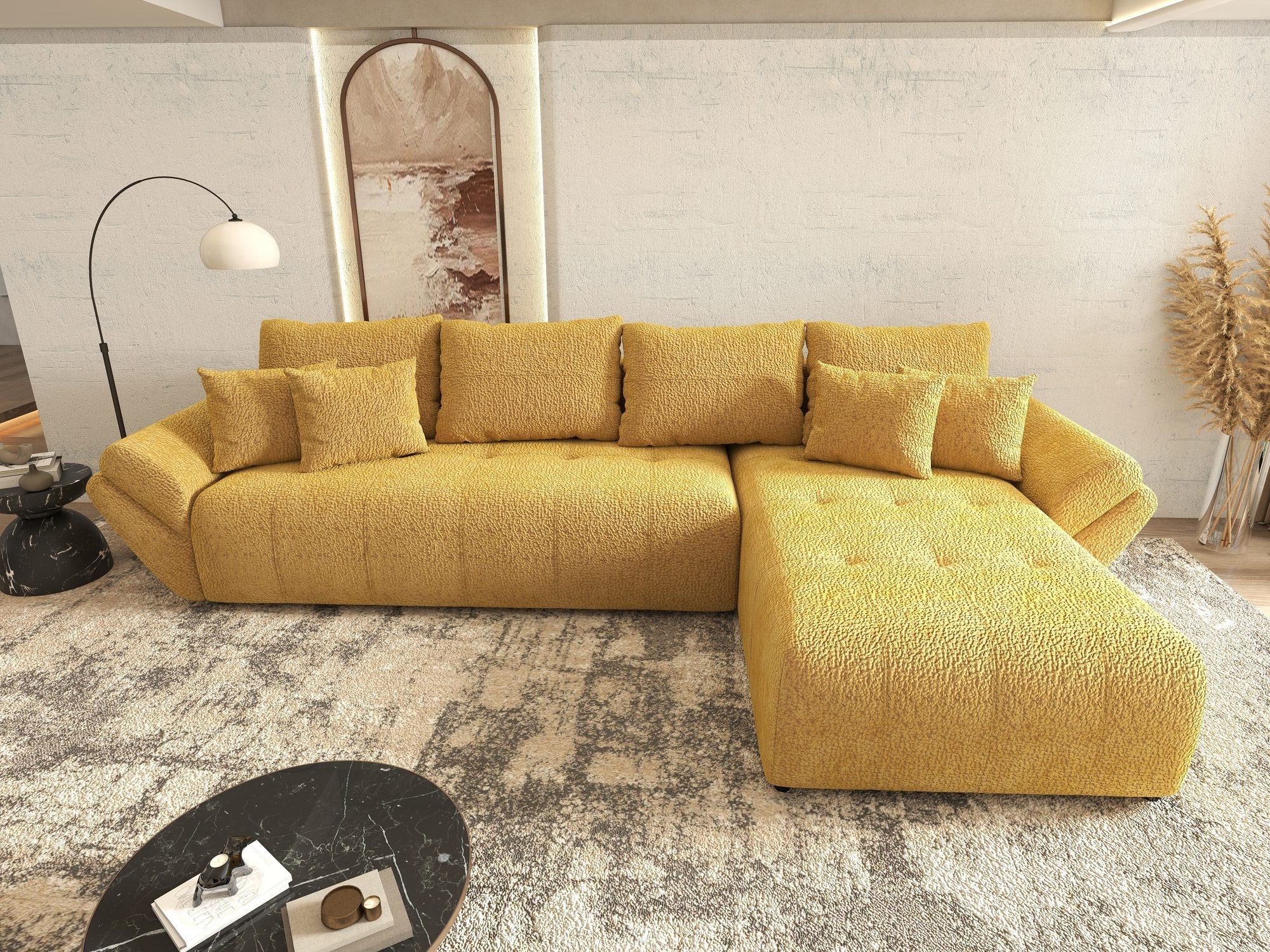 Colțar extensibil dumonde cu ladă de depozitare si sezut confortabil din spuma high-density, Berlin XL Jaguar Galben Mustar 11 II 350x185 cm