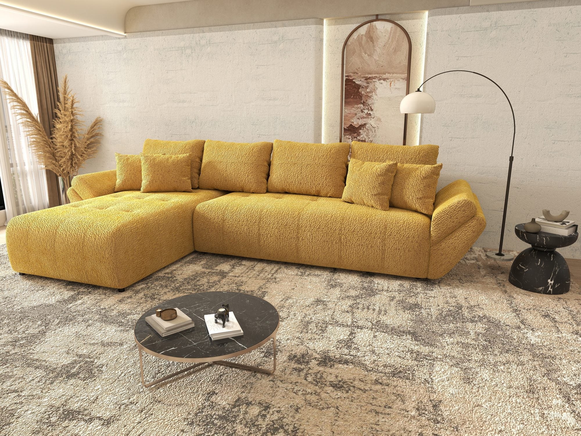 Colțar extensibil dumonde cu ladă de depozitare si sezut confortabil din spuma high-density, Berlin XL Jaguar Galben Mustar 11 350x185 cm