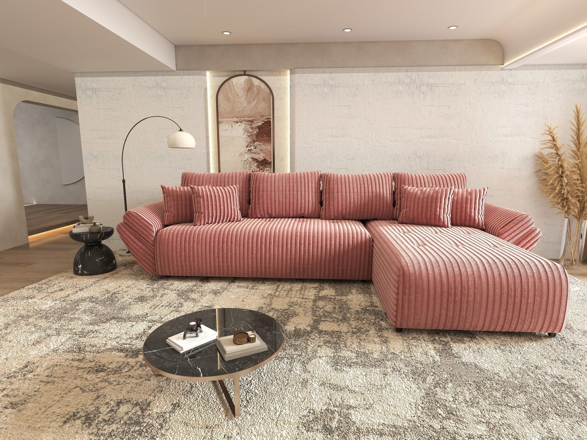 Colțar extensibil dumonde cu ladă de depozitare si sezut confortabil din spuma high-density, Berlin XL Tilia Roz Pudrat 62 II 350x185 cm