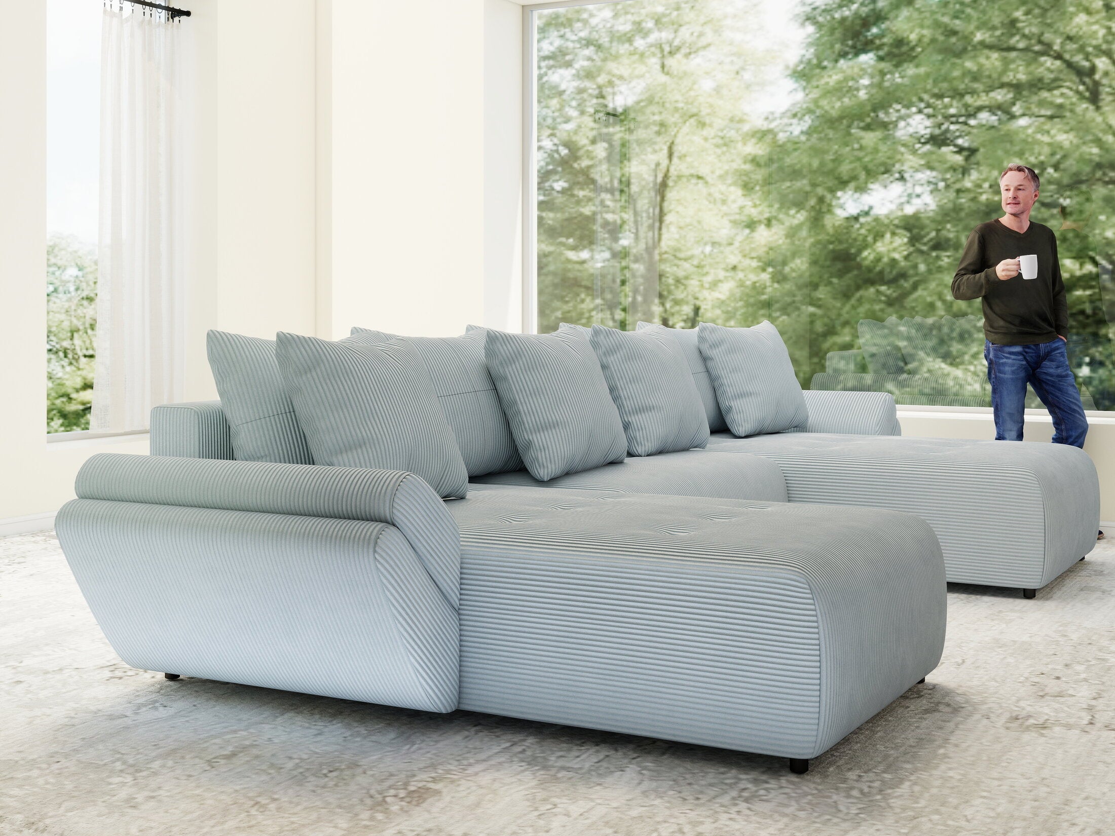 Colțar extensibil dumonde cu ladă de depozitare si sezut confortabil din spuma high-density, Berlin U Zoom GREY 400x185 cm