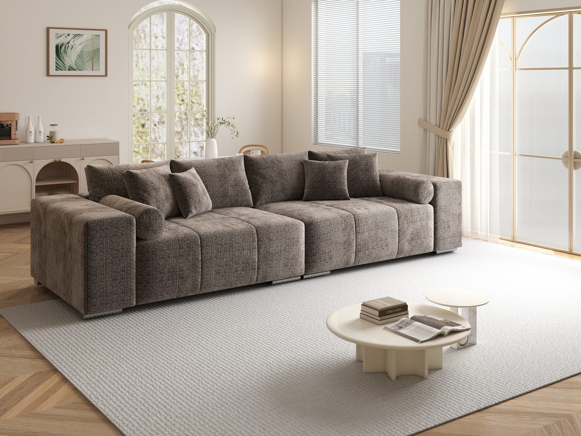 Canapea extensibilă dumonde cu ladă de depozitare si sezut confortabil din spuma high-density, Marbela XXL Cremona Maro-bej 24 290x100 cm