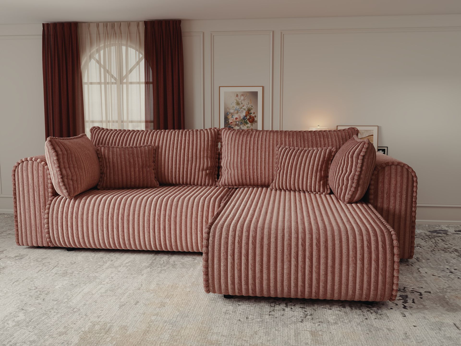 Colțar extensibil dumonde cu ladă de depozitare si sezut confortabil din spuma high-density, Monaco L Tilia Roz II 270x100 cm
