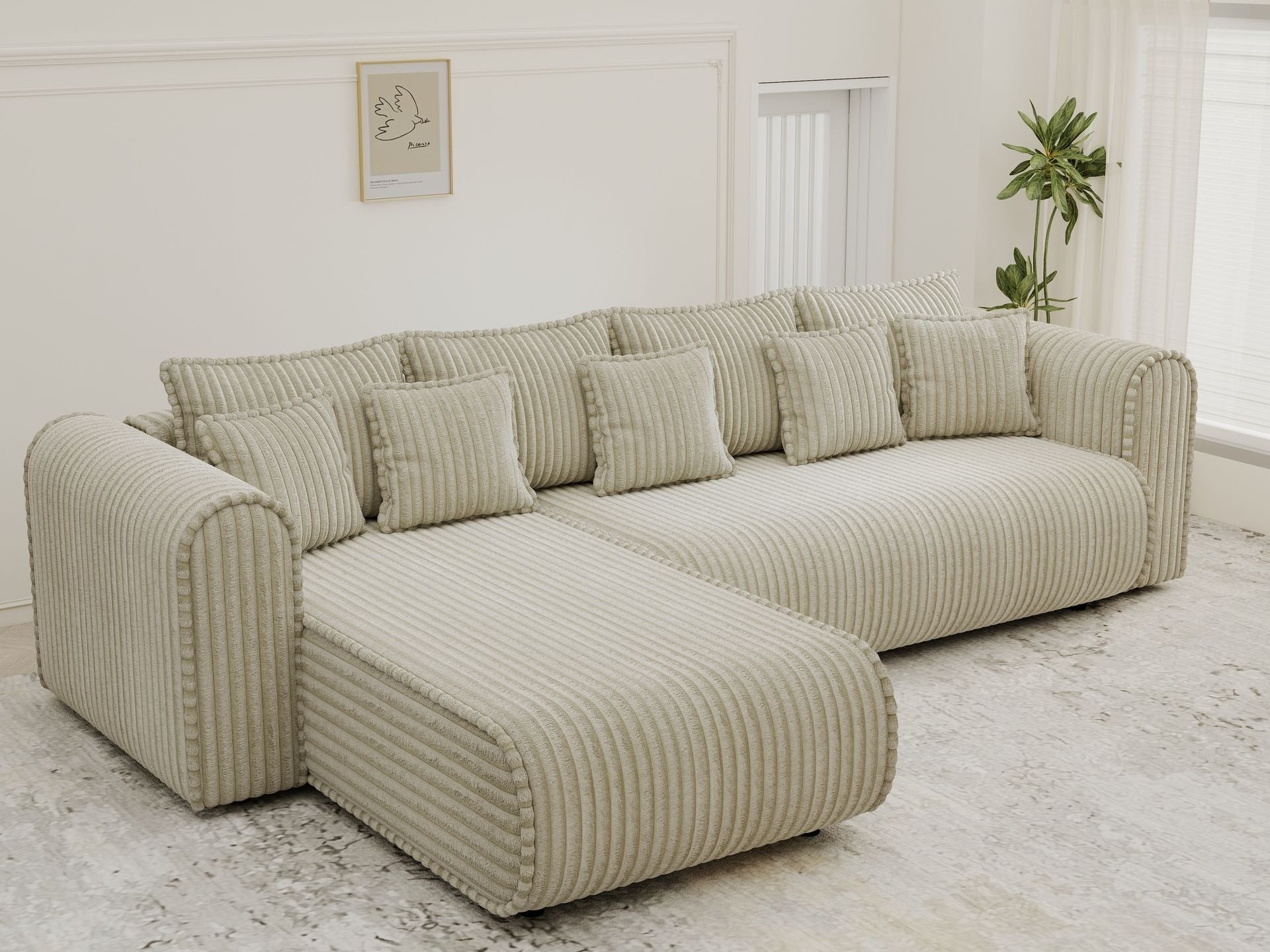 Colțar extensibil dumonde cu ladă de depozitare si sezut confortabil din spuma high-density, Monaco XL Tilia Bej 340x185 cm
