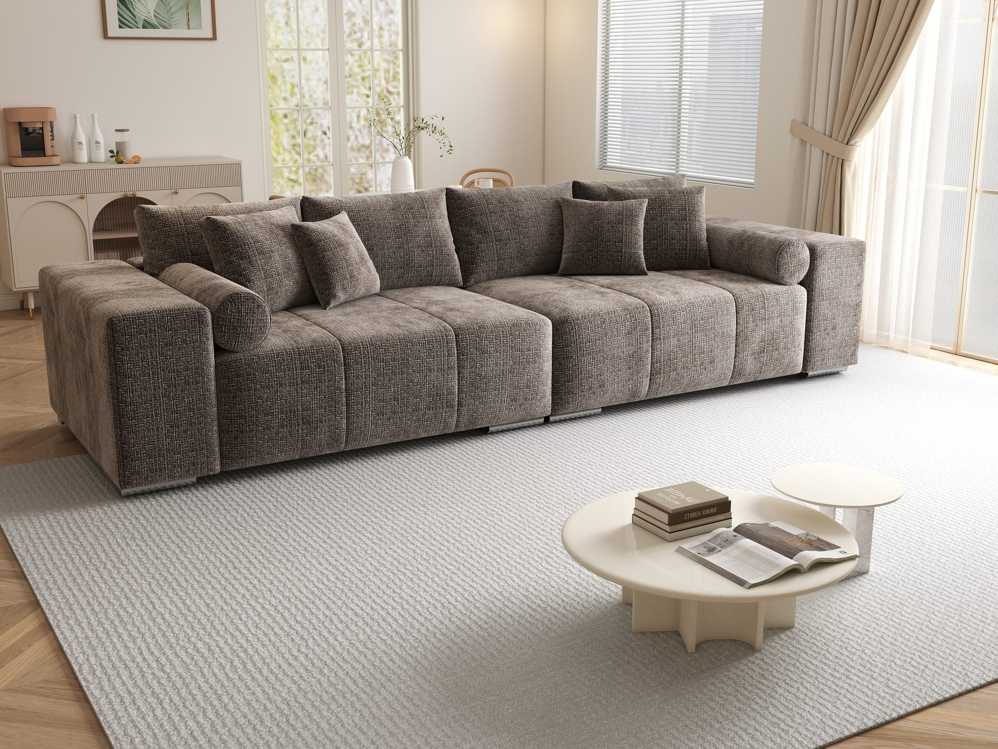 Canapea extensibilă dumonde cu ladă de depozitare si sezut confortabil din spuma high-density, Marbela XXL Cremona Maro-bej 24 290x100 cm