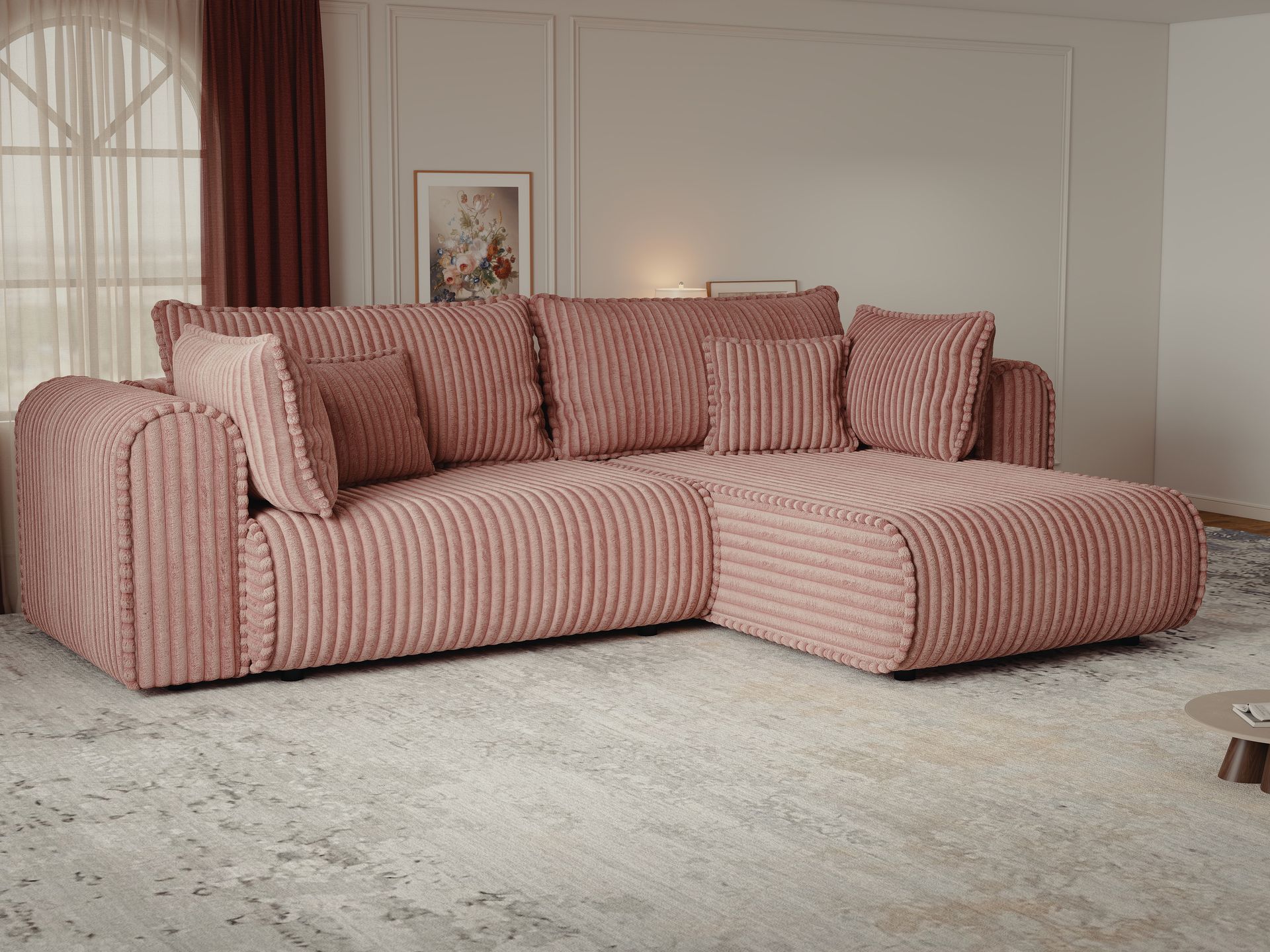 Colțar extensibil dumonde cu ladă de depozitare si sezut confortabil din spuma high-density, Monaco L Tilia Roz II 270x100 cm