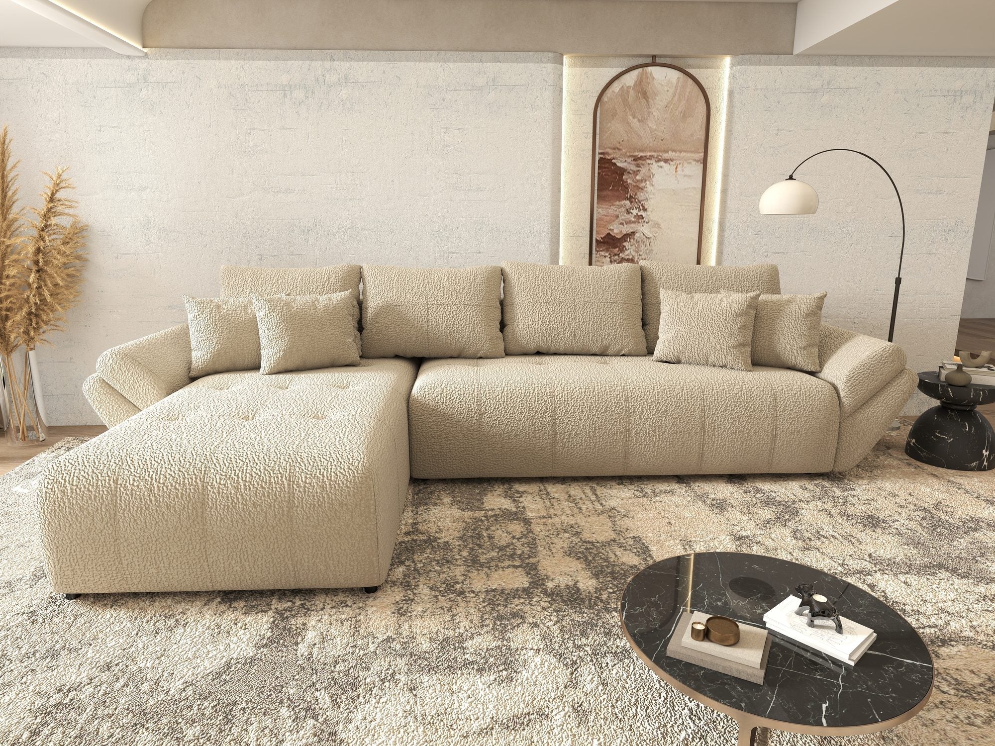 Colțar extensibil dumonde cu ladă de depozitare si sezut confortabil din spuma high-density, Berlin XL Jaguar Bej 4 350x185 cm