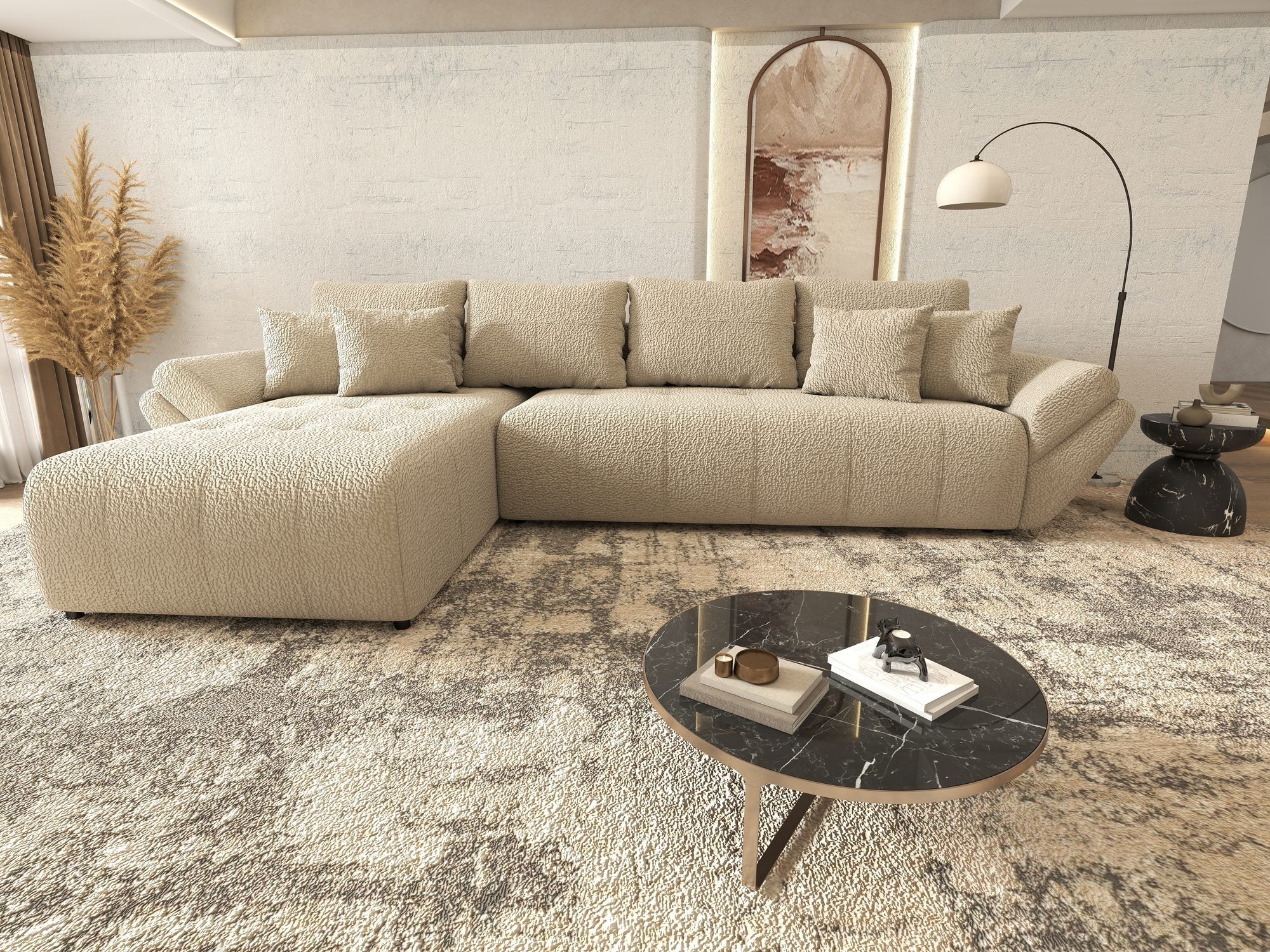 Colțar extensibil dumonde cu ladă de depozitare si sezut confortabil din spuma high-density, Berlin XL Jaguar Bej 4 350x185 cm
