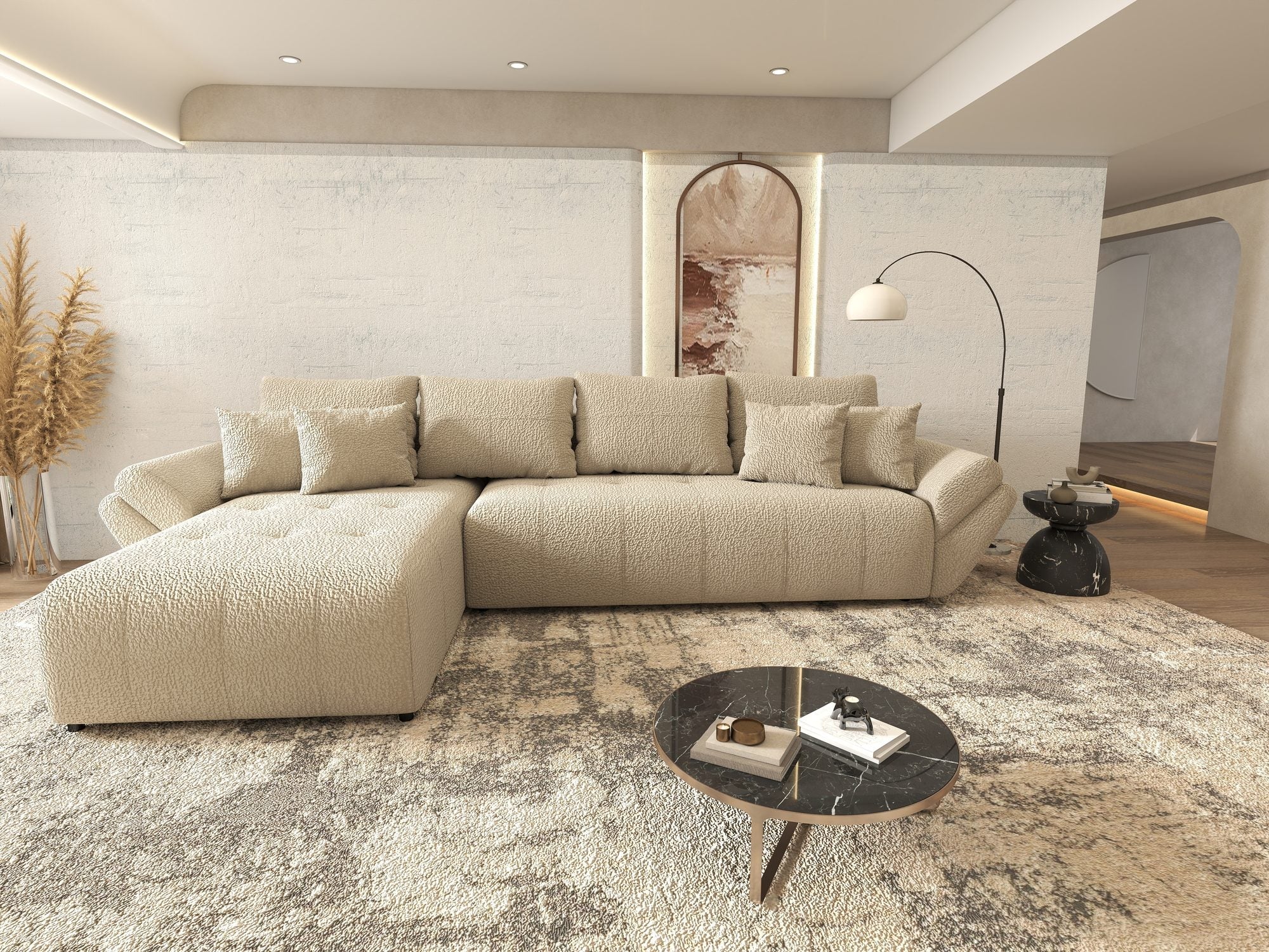 Colțar extensibil dumonde cu ladă de depozitare si sezut confortabil din spuma high-density, Berlin XL Jaguar Bej 4 350x185 cm