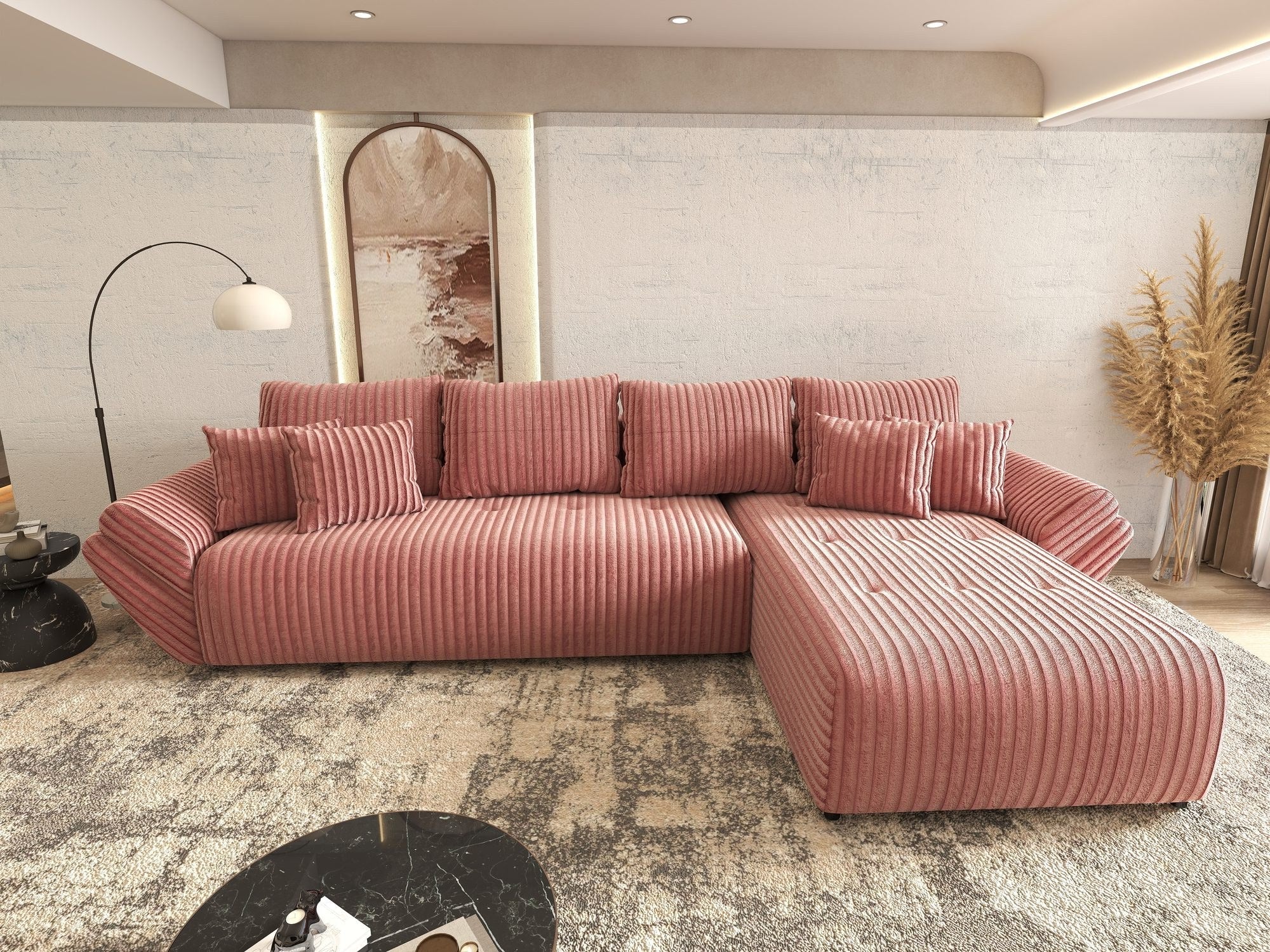 Colțar extensibil dumonde cu ladă de depozitare si sezut confortabil din spuma high-density, Berlin XL Tilia Roz Pudrat 62 II 350x185 cm