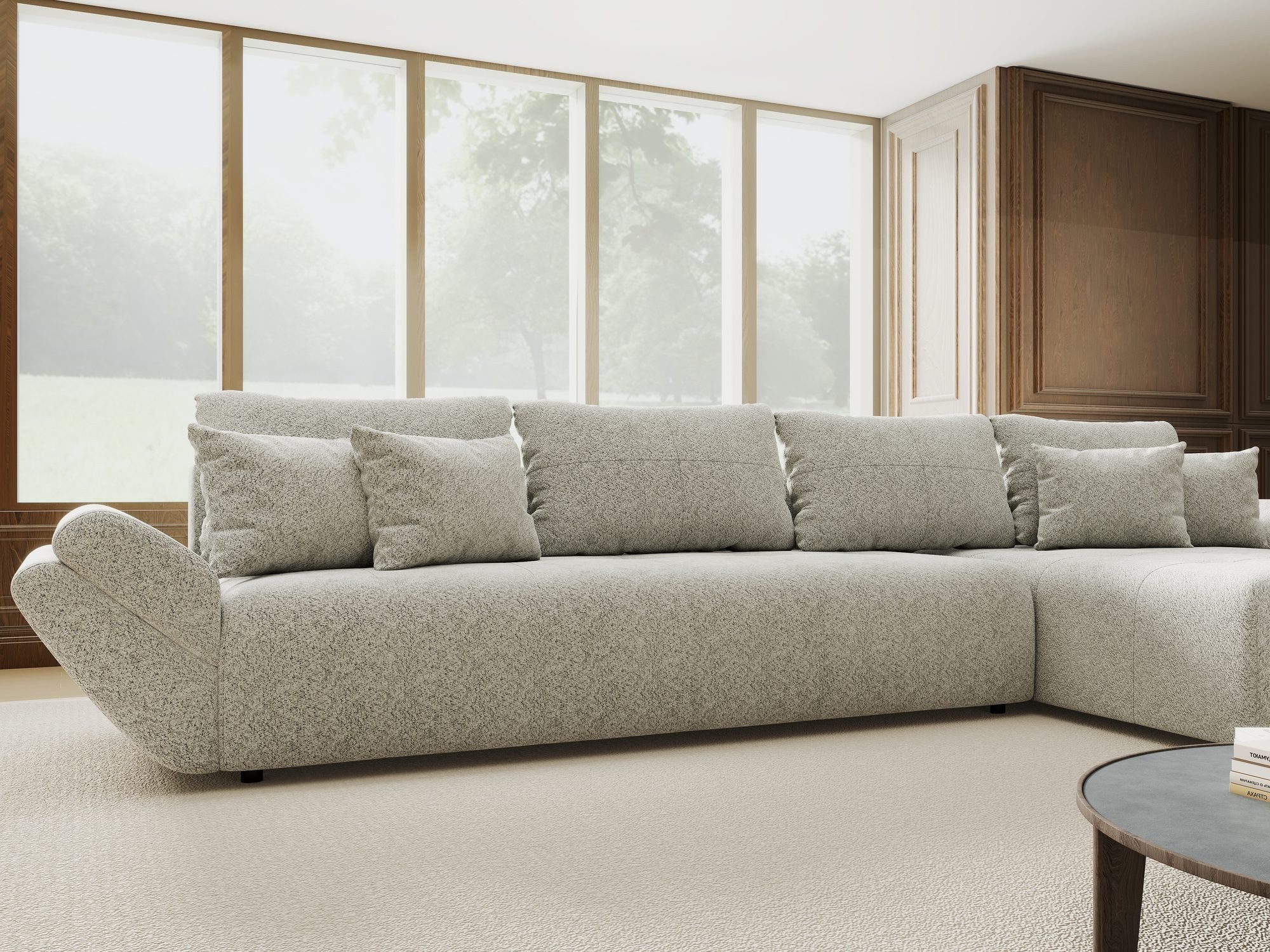 Colțar extensibil dumonde cu ladă de depozitare si sezut confortabil din spuma high-density, Berlin XL Arena Gri 15 II 350x185 cm