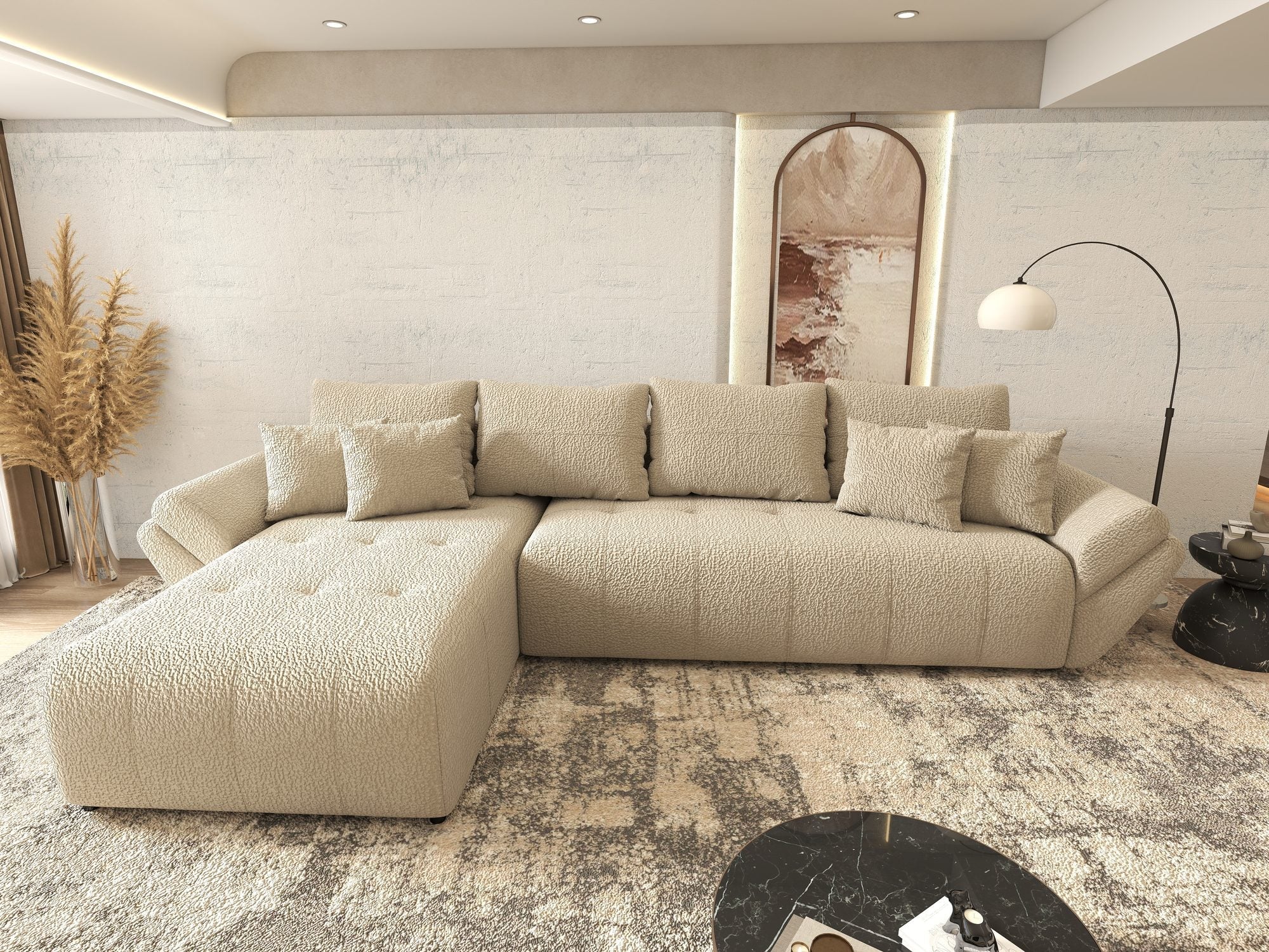 Colțar extensibil dumonde cu ladă de depozitare si sezut confortabil din spuma high-density, Berlin XL Jaguar Bej 4 350x185 cm