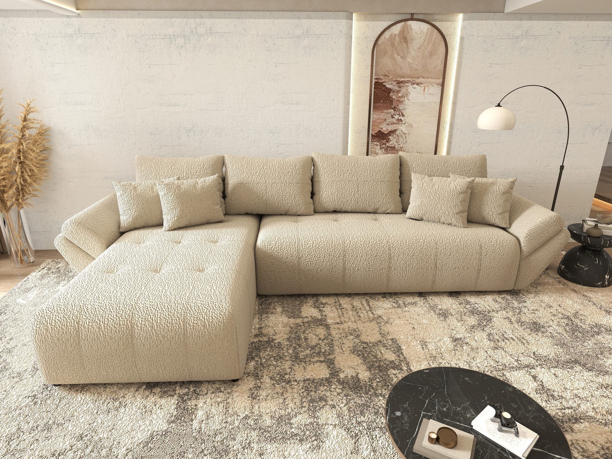 Colțar extensibil dumonde cu ladă de depozitare si sezut confortabil din spuma high-density, Berlin XL Jaguar Bej 4 350x185 cm