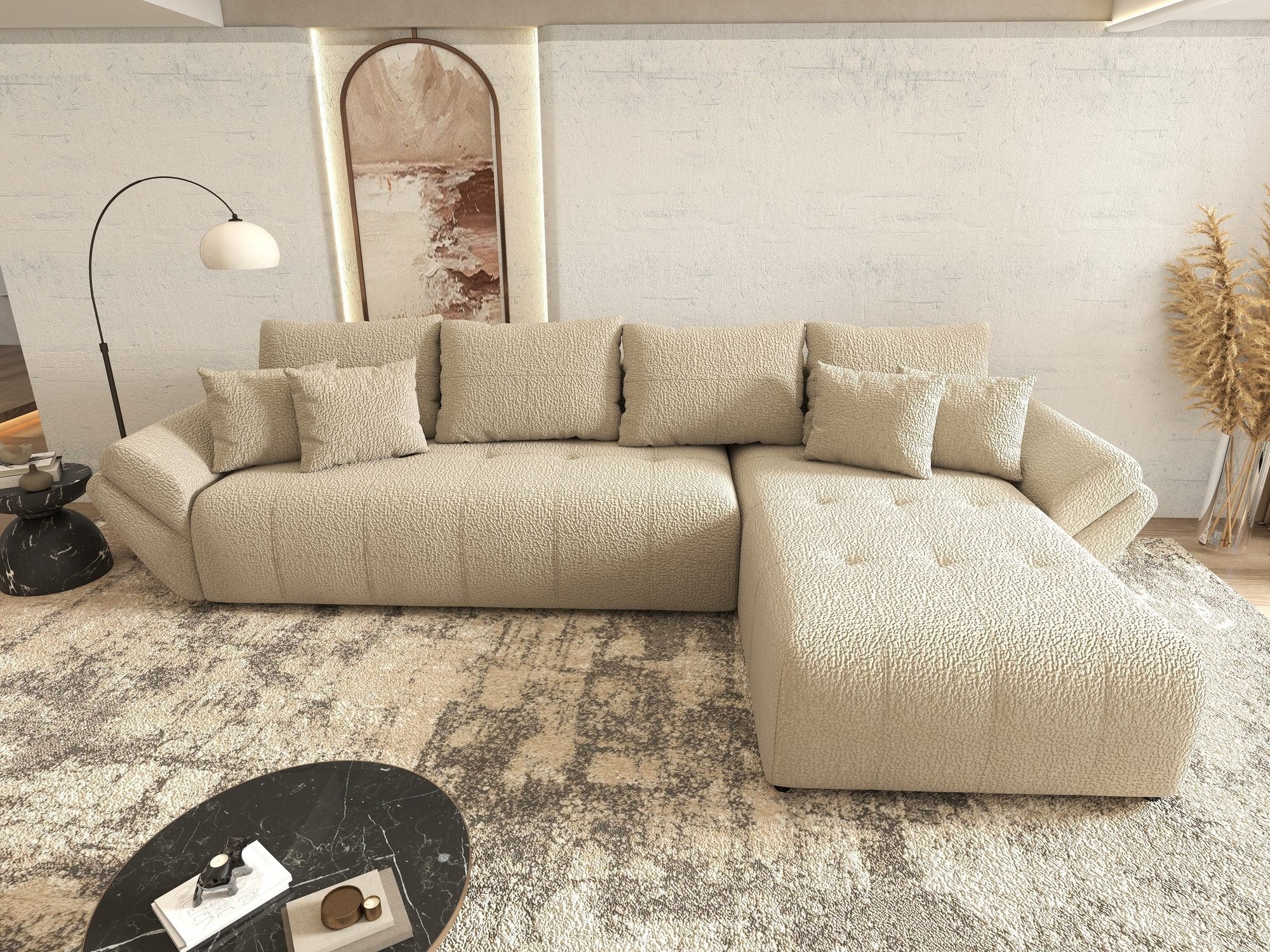 Colțar extensibil dumonde cu ladă de depozitare si sezut confortabil din spuma high-density, Berlin XL Jaguar Bej 4 II 350x185 cm