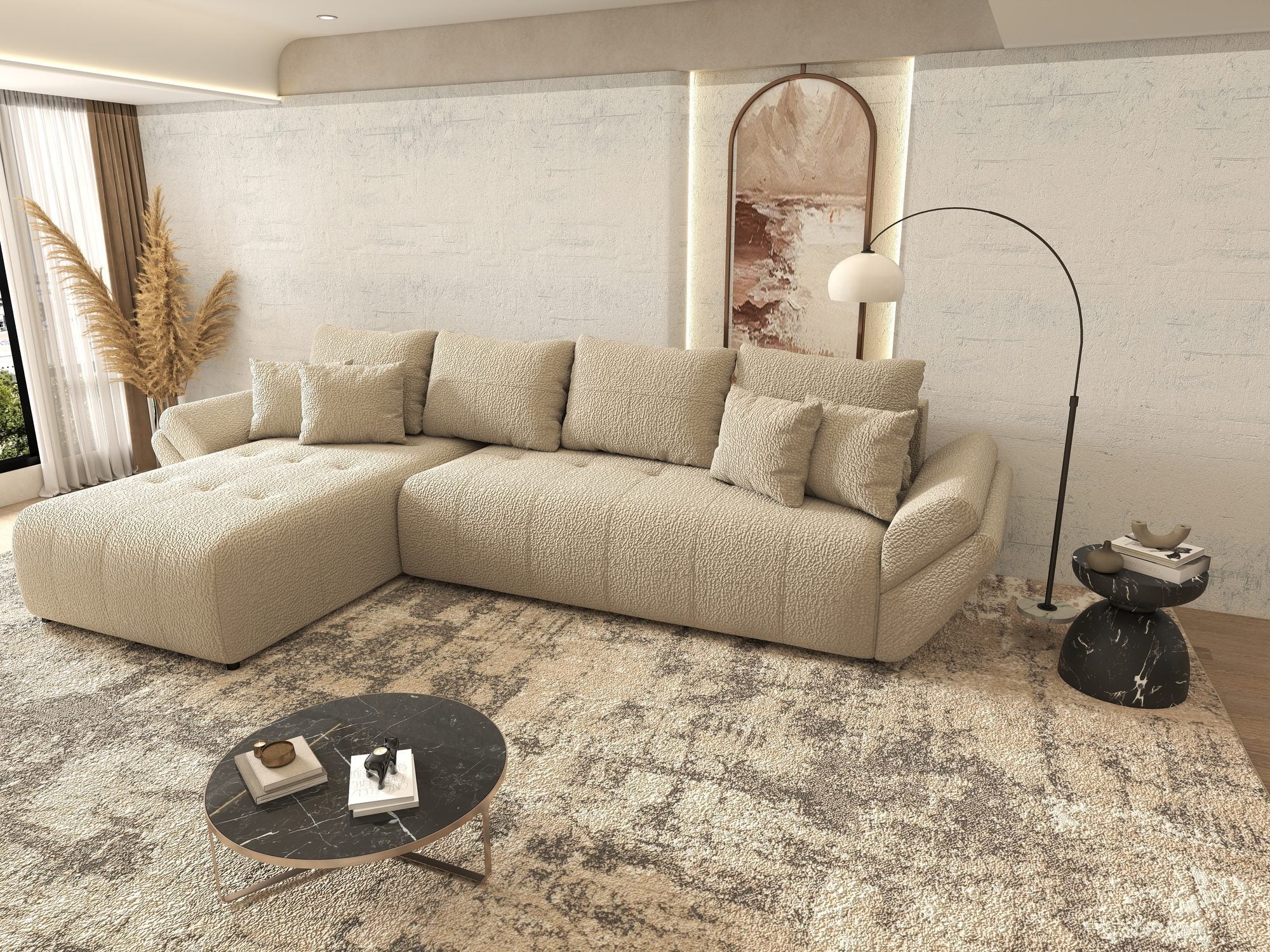 Colțar extensibil dumonde cu ladă de depozitare si sezut confortabil din spuma high-density, Berlin XL Jaguar Bej 4 350x185 cm