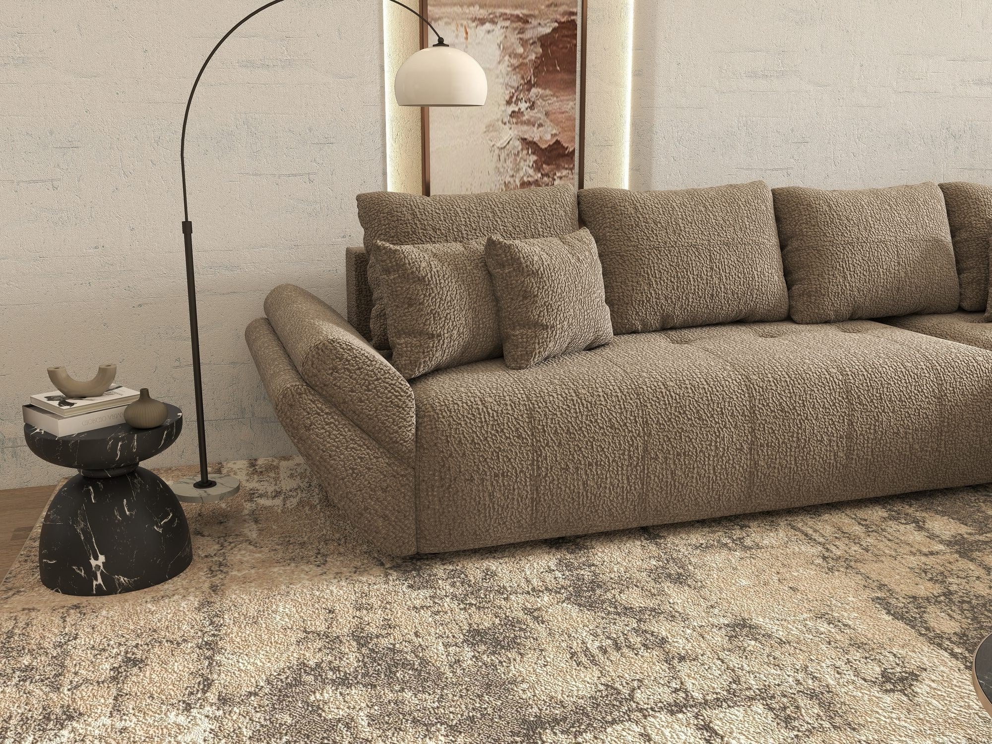 Colțar extensibil dumonde cu ladă de depozitare si sezut confortabil din spuma high-density, Berlin XL Jaguar Maro Cappuccino 8 II 350x185 cm