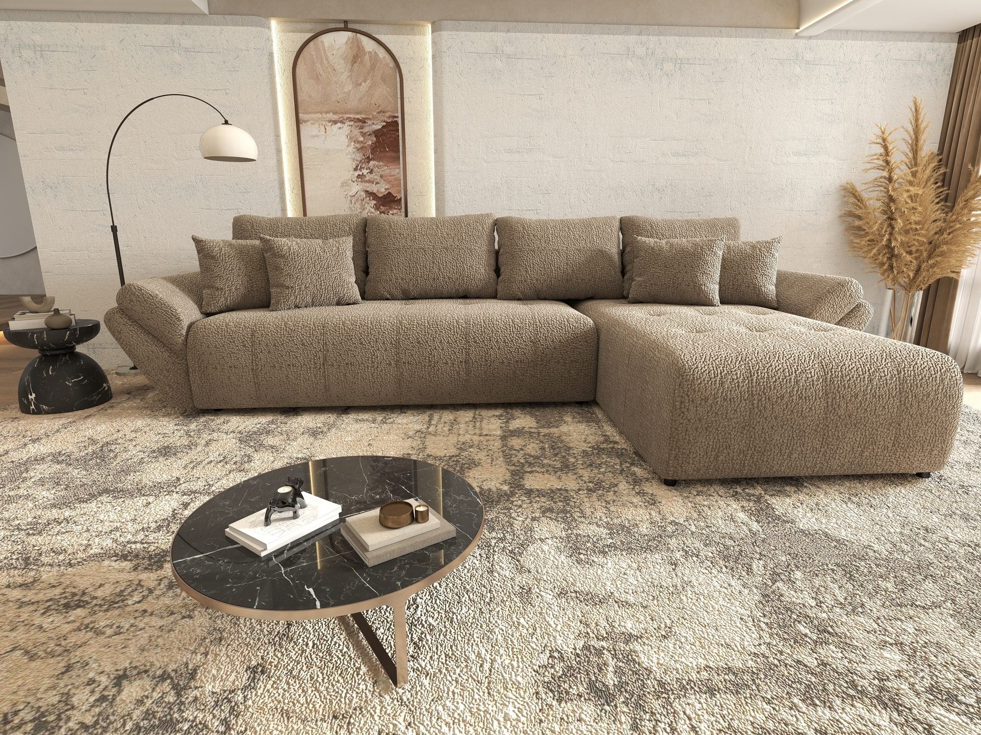 Colțar extensibil dumonde cu ladă de depozitare si sezut confortabil din spuma high-density, Berlin XL Jaguar Maro Cappuccino 8 II 350x185 cm